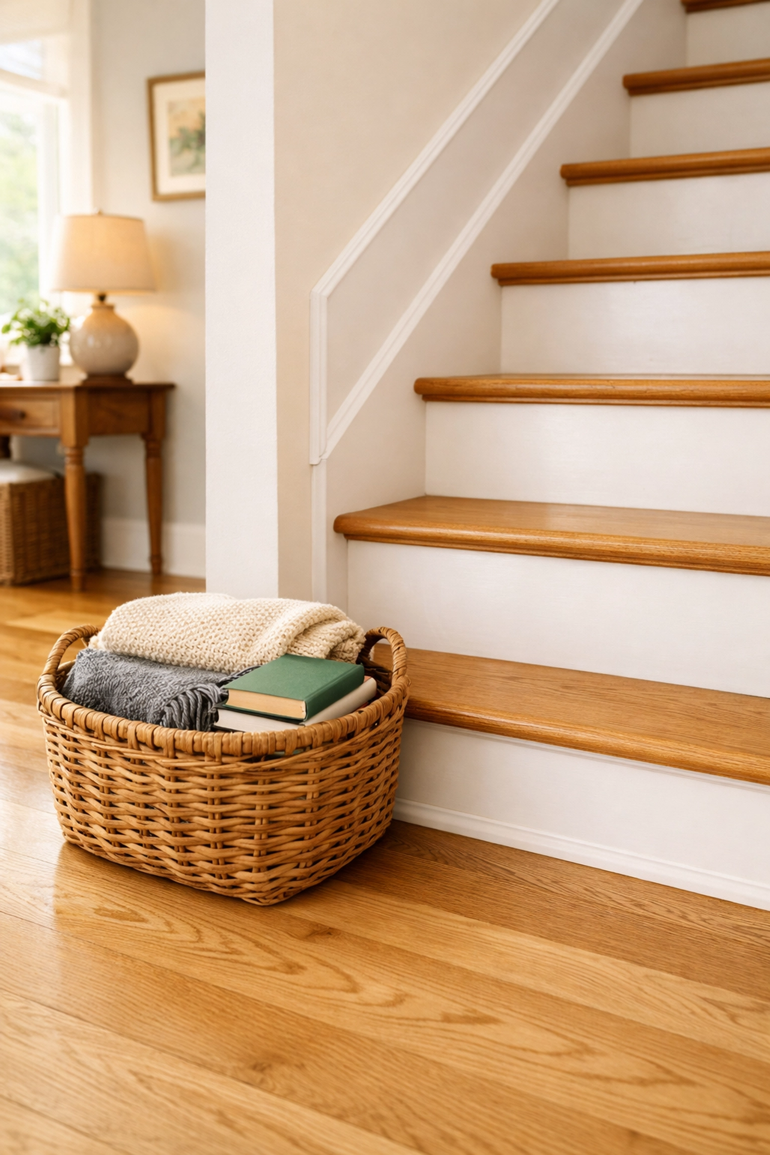 A clean, clutter-free wooden staircase with a storage basket nearby to prevent tripping hazards.