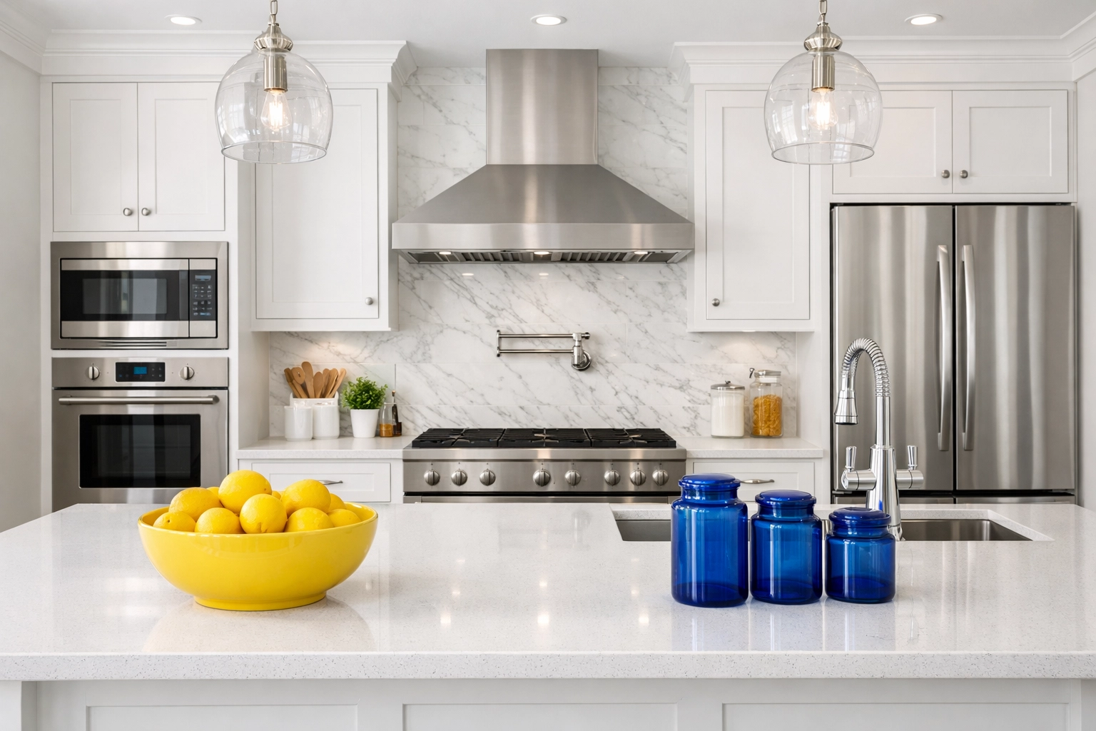 Luxury kitchen with marble backsplash after thorough deep cleaning services in Lowell MA.