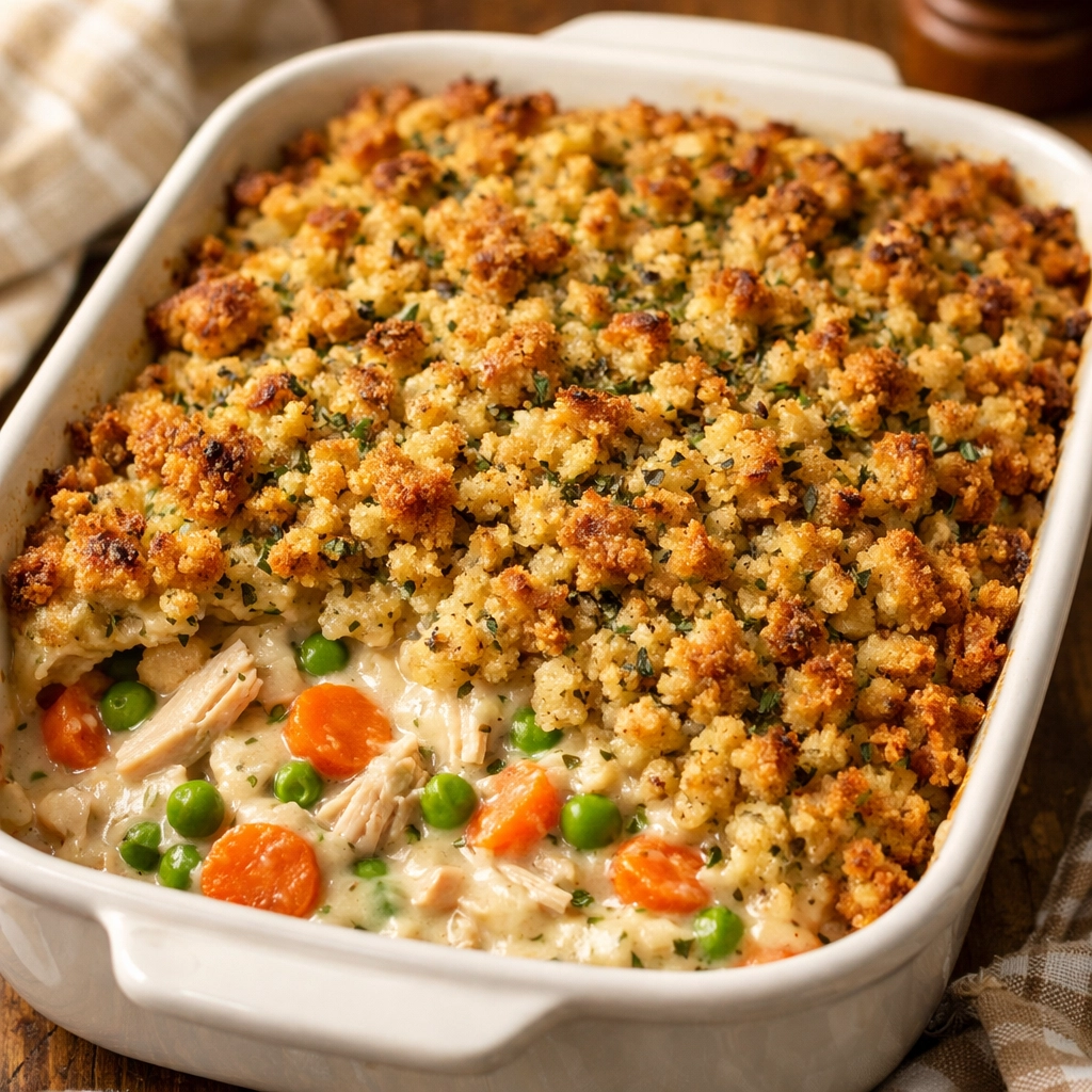 Creamy 5-ingredient chicken and stuffing casserole with mixed vegetables in a baking dish for easy family meals.