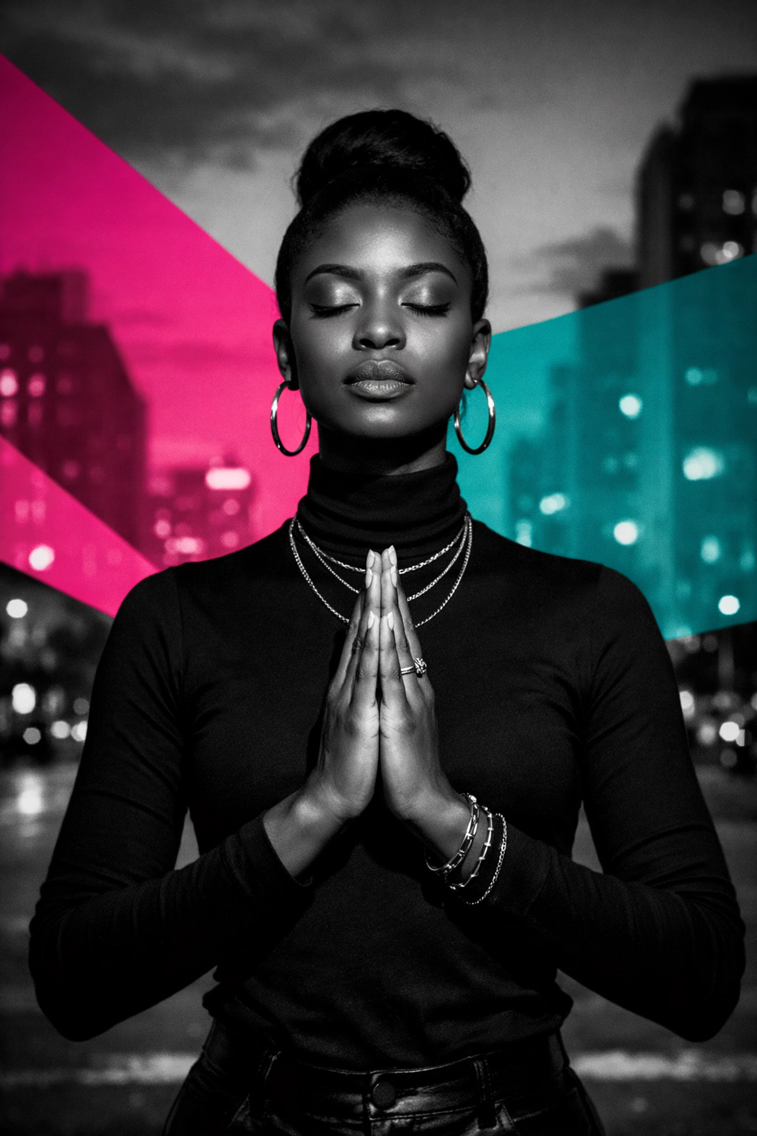 Woman praying peacefully in urban setting representing spiritual grounding during chaos