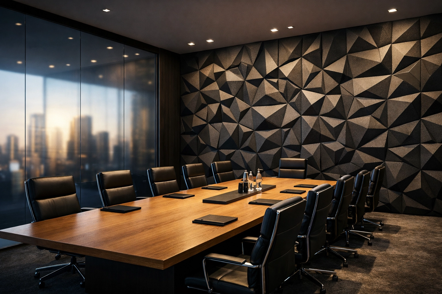 Luxury conference room featuring geometric 3D acoustic panels for superior sound absorption and noise reduction.