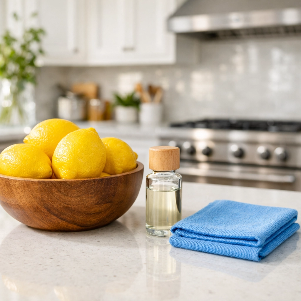 Natural cleaning ingredients like lemons on a sparkling white kitchen island after residential cleaning in Stow, MA.