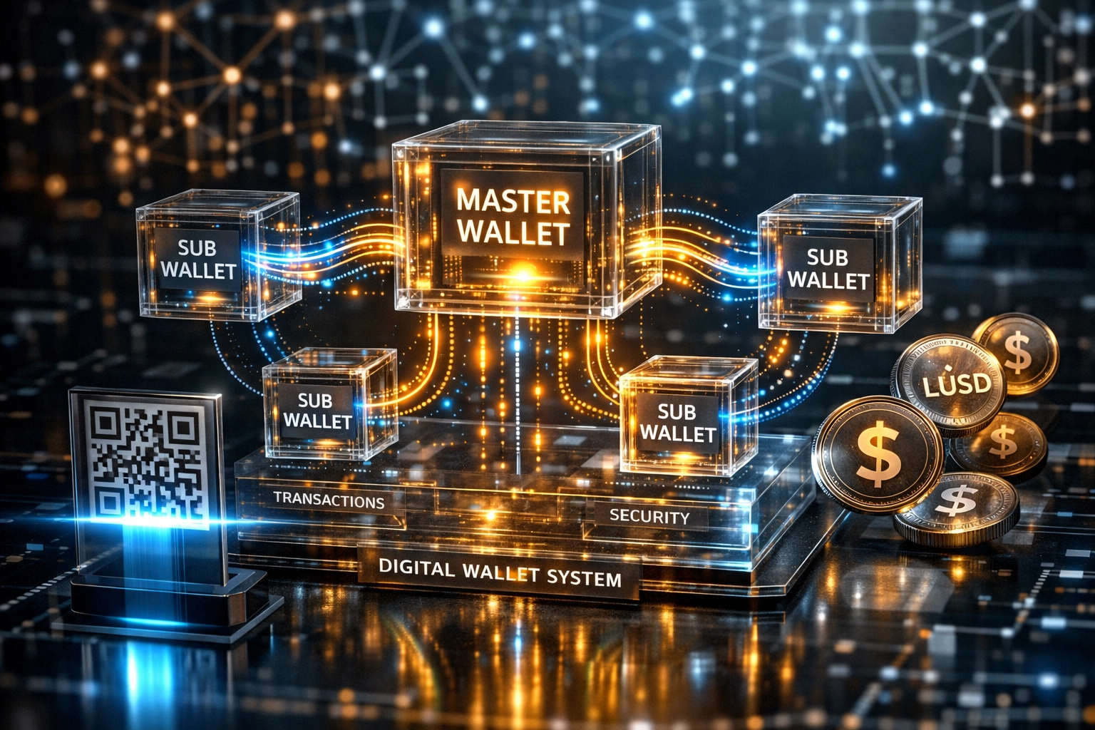 Digital wallet architecture showing master and sub-wallet structure with LUSD stablecoin integration