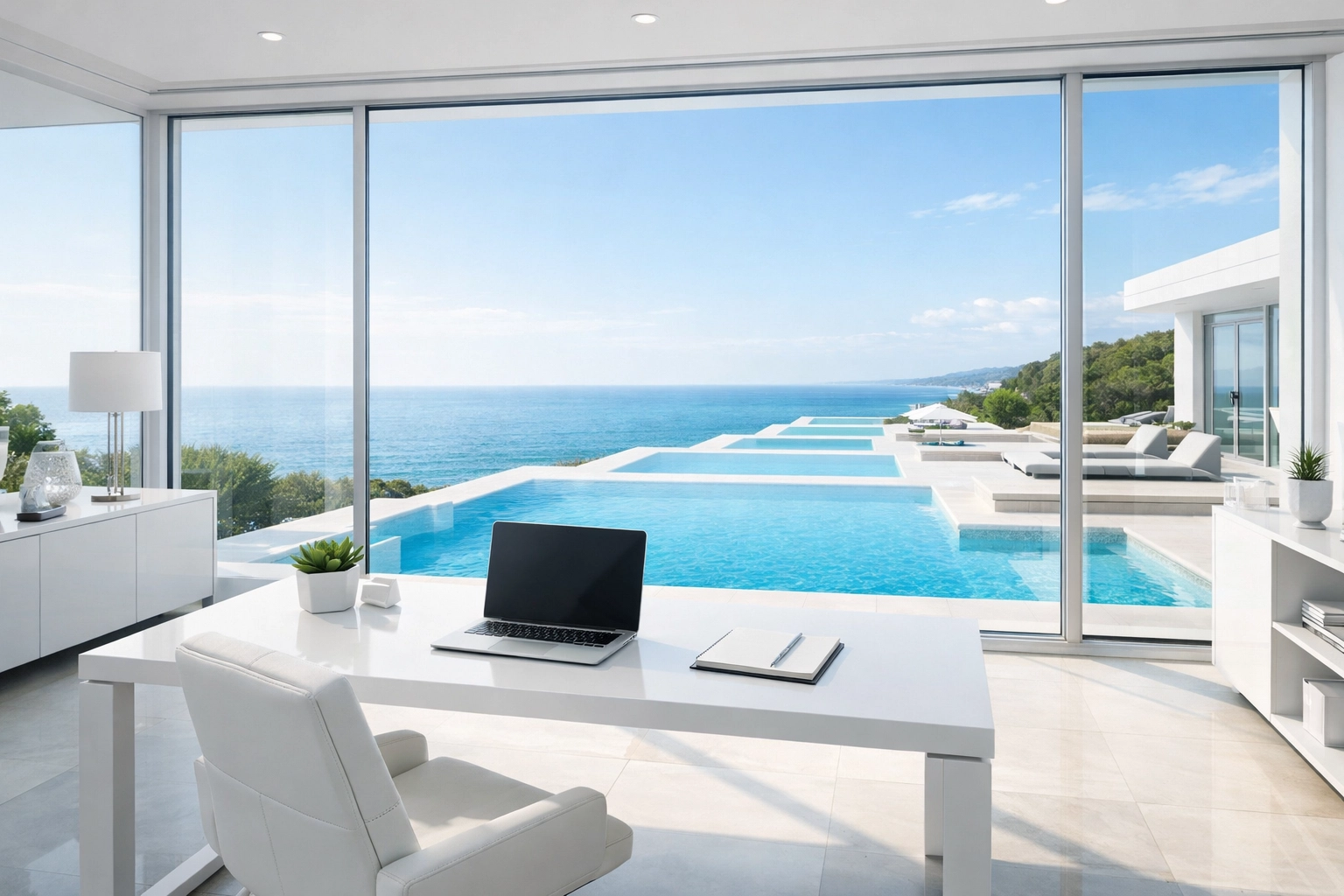 Modern home office overlooking swimming pools, symbolizing a successful pool route business exit.