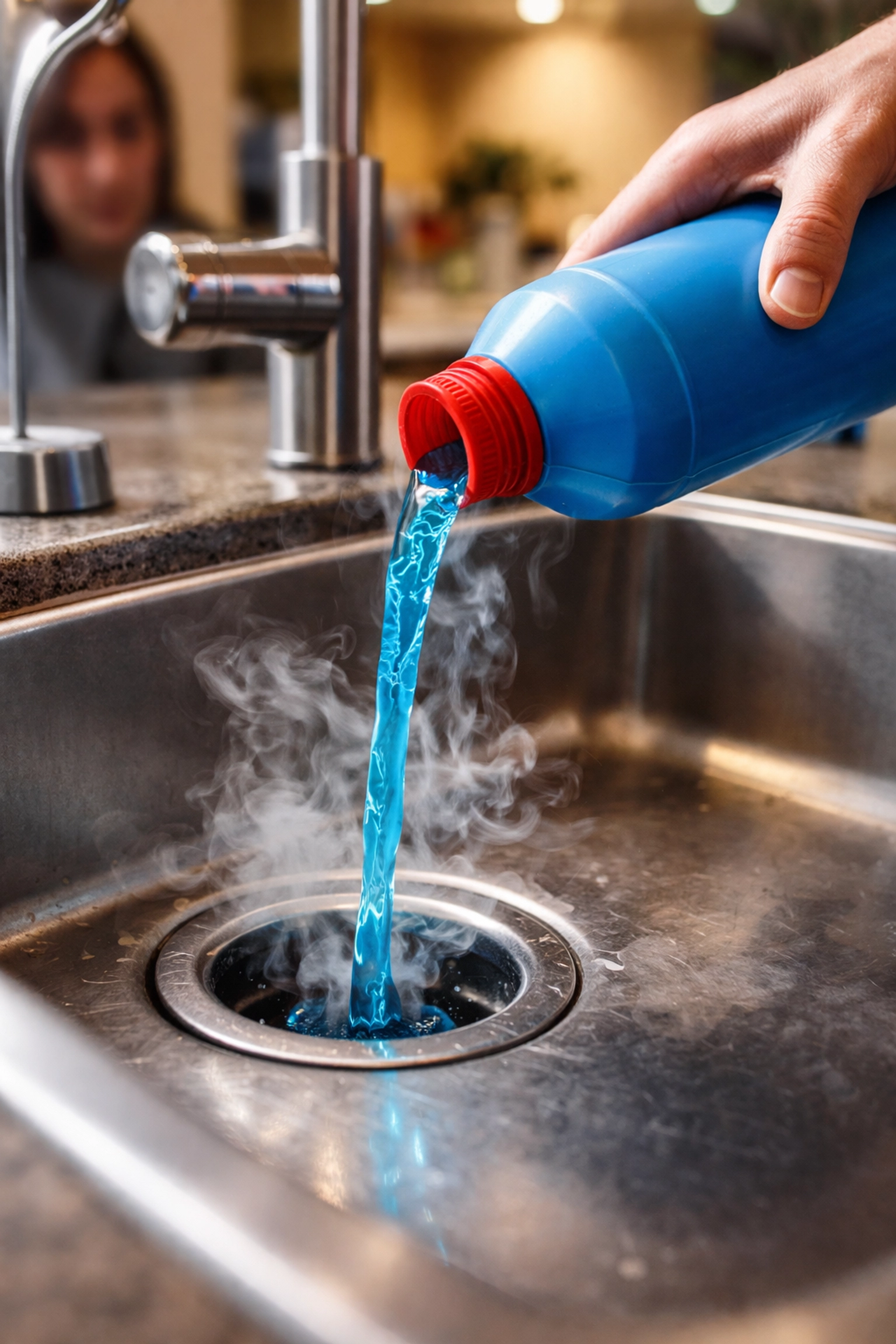 Homeowner pouring chemical drain cleaner into a kitchen sink in Cleveland, TN, highlighting drain cleaning risks.