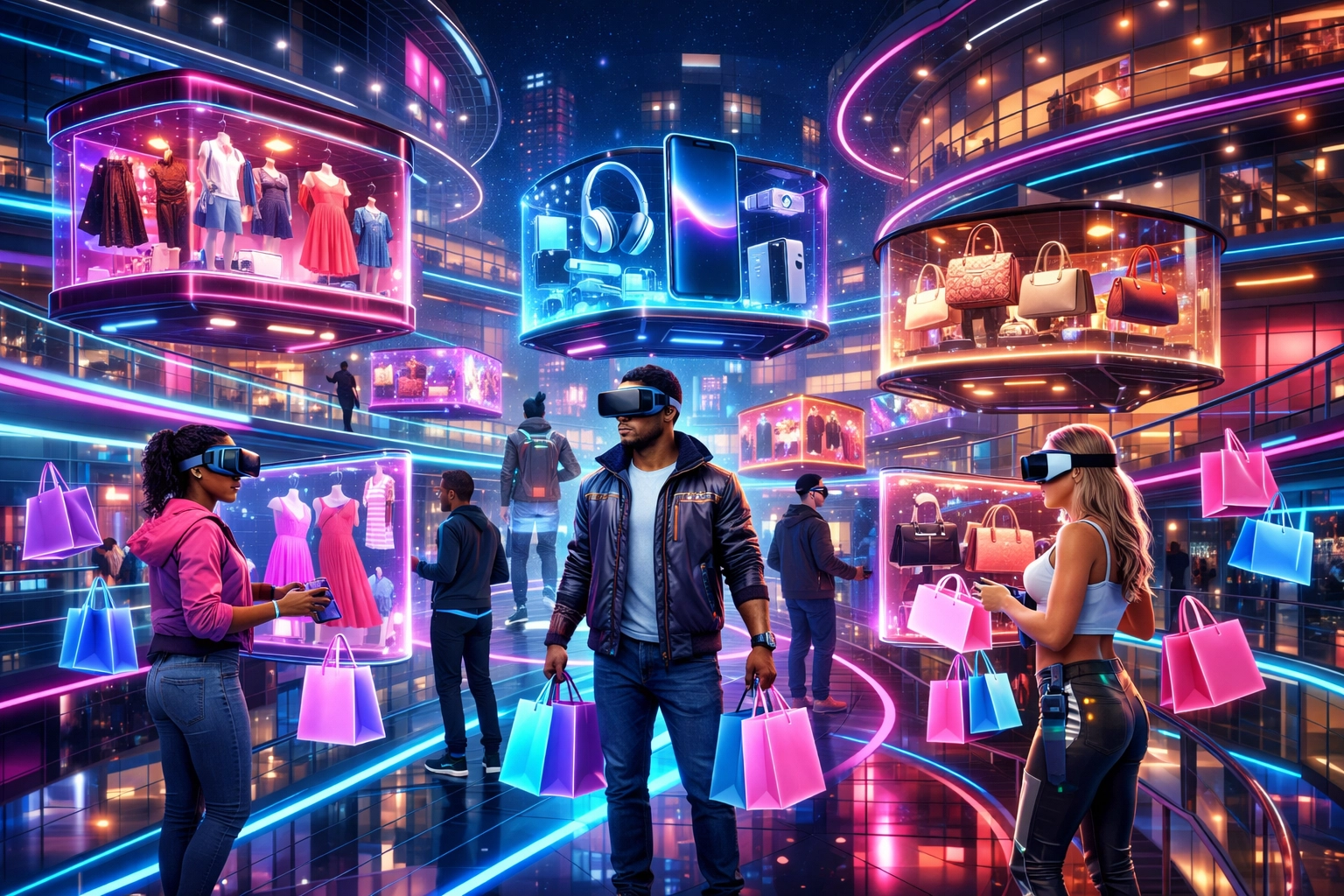 Metaverse shopping mall with avatars browsing virtual storefronts in VR commerce environment