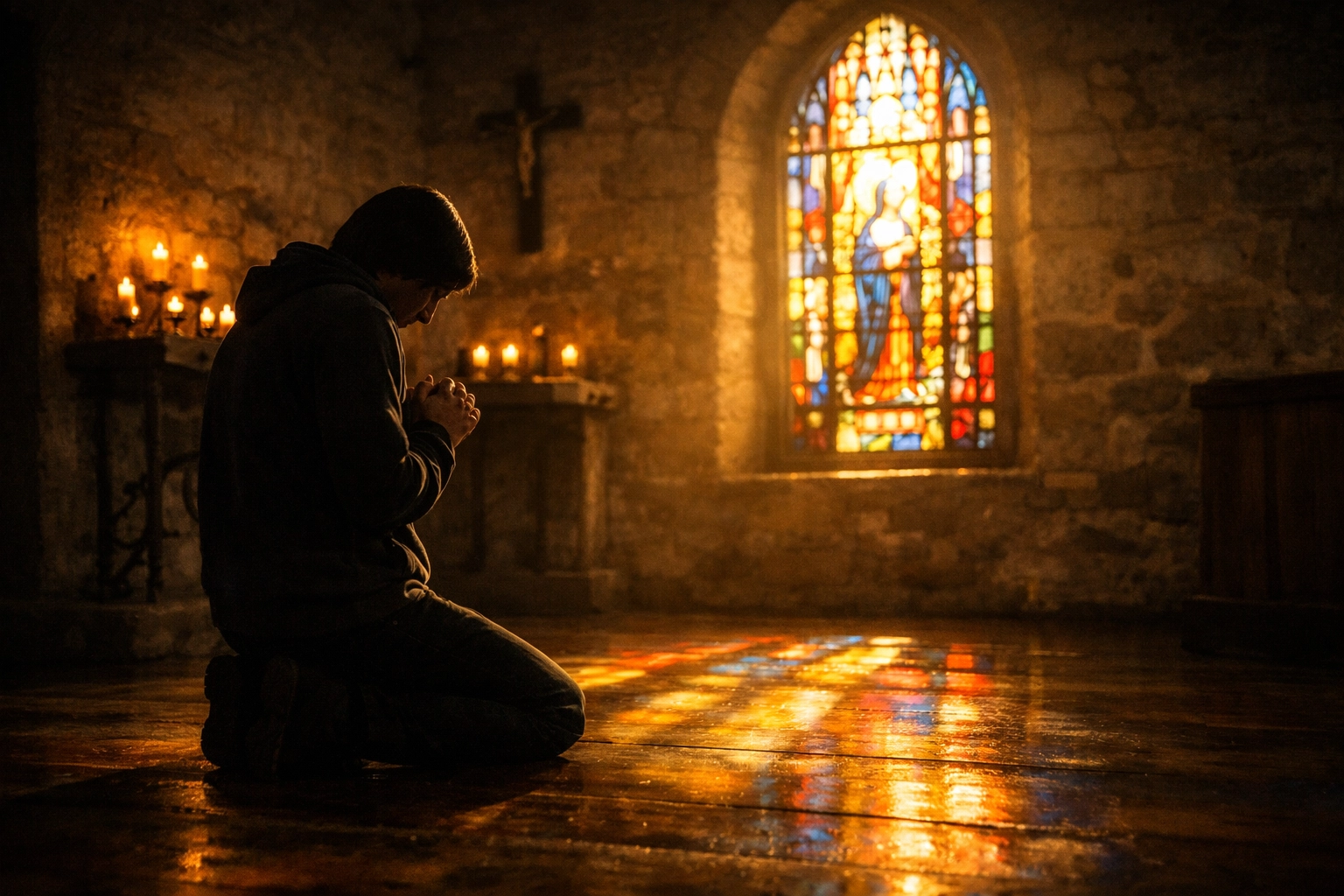Person kneeling in prayer during Lenten season in candlelit chapel with stained glass window
