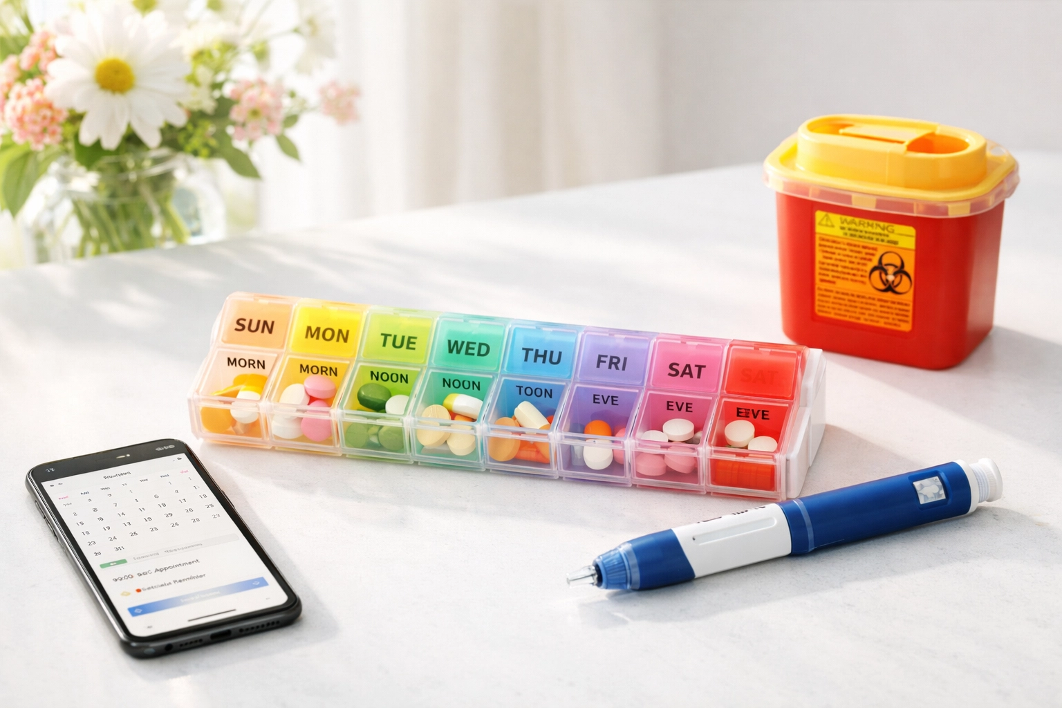 Weekly medication organizer with injection pen demonstrating weight loss treatment routine
