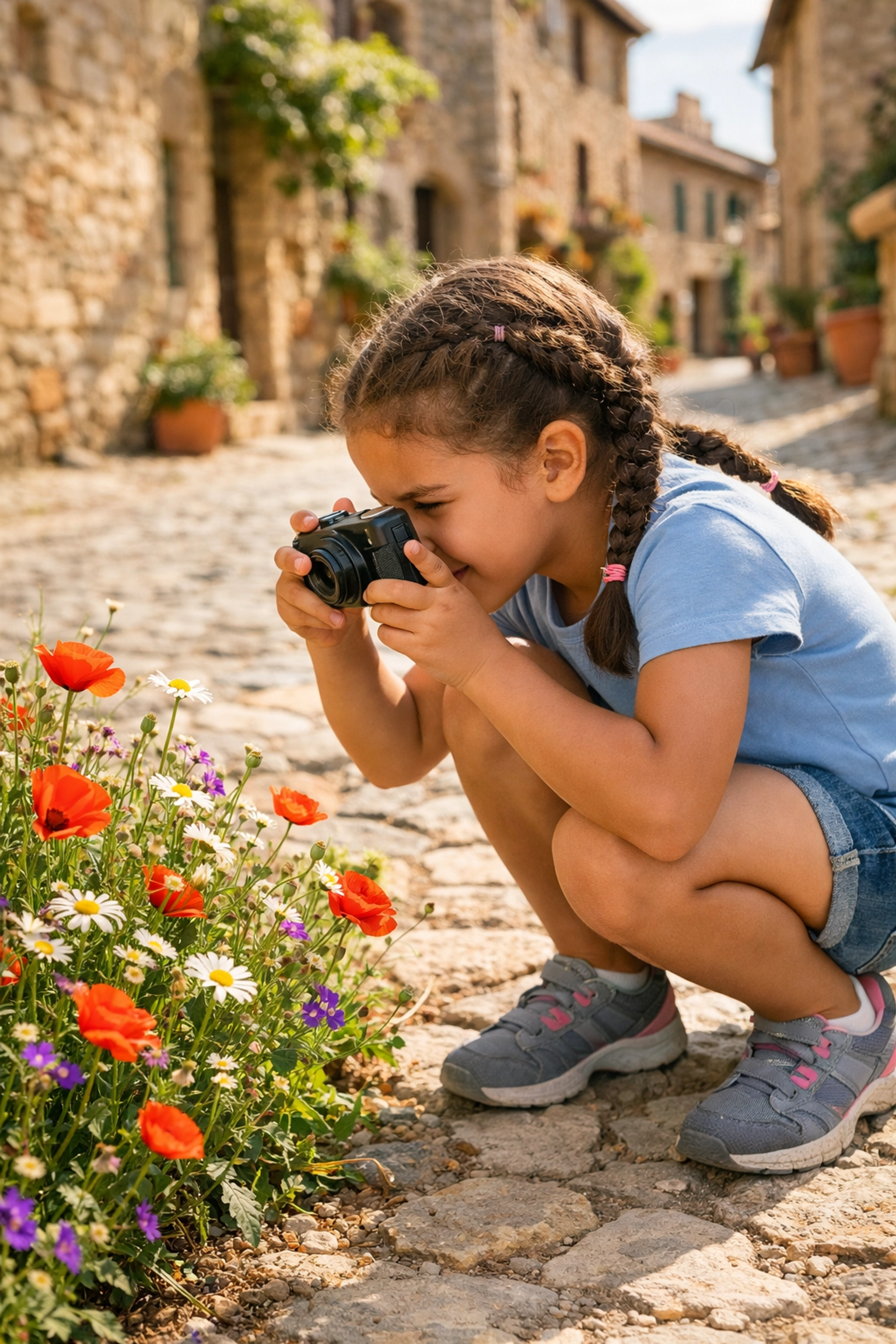 A young girl practicing photography while exploring a charming European village on a family vacation.
