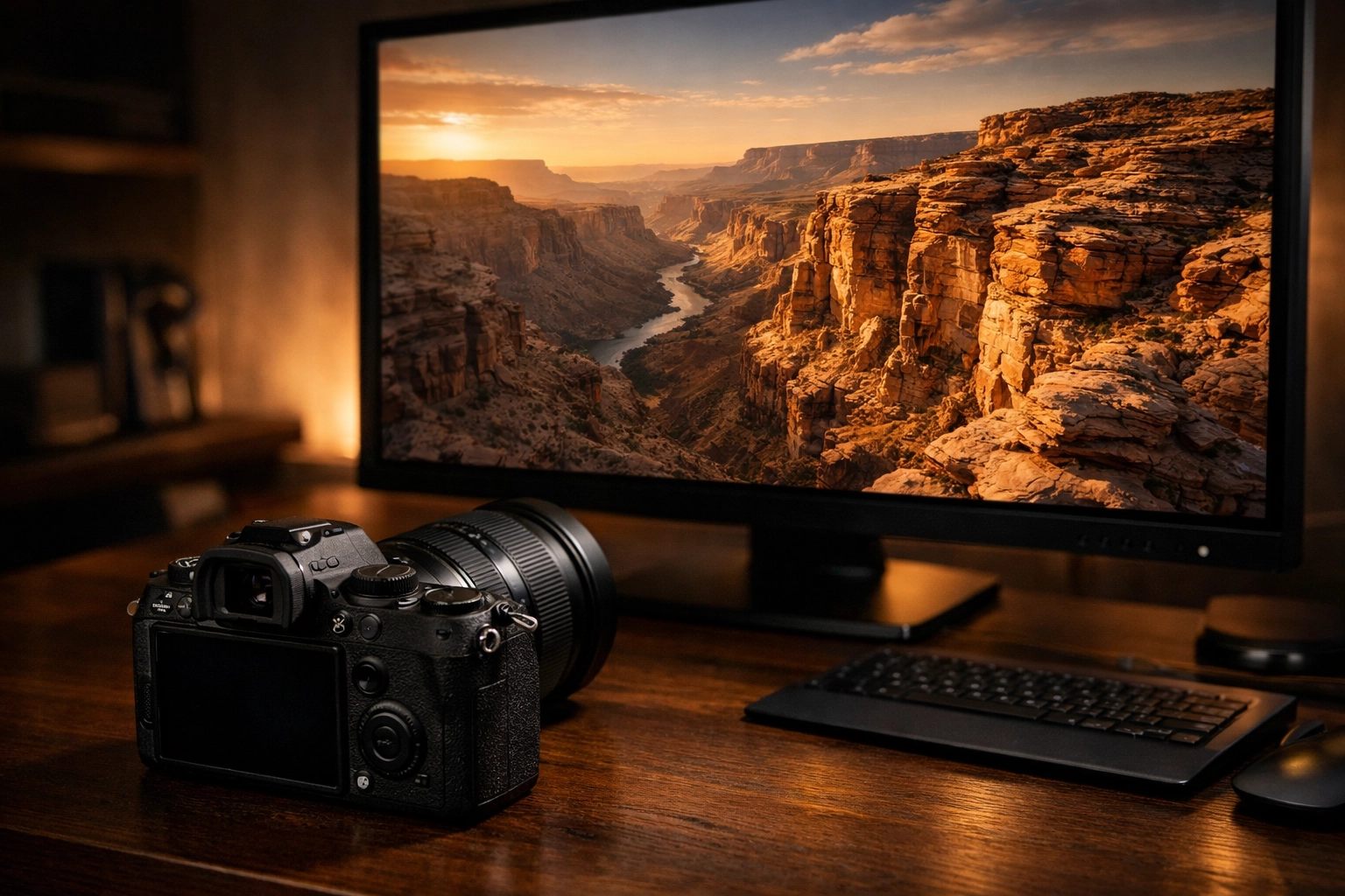 Professional photography editing suite showing high-resolution landscape detail on a monitor.
