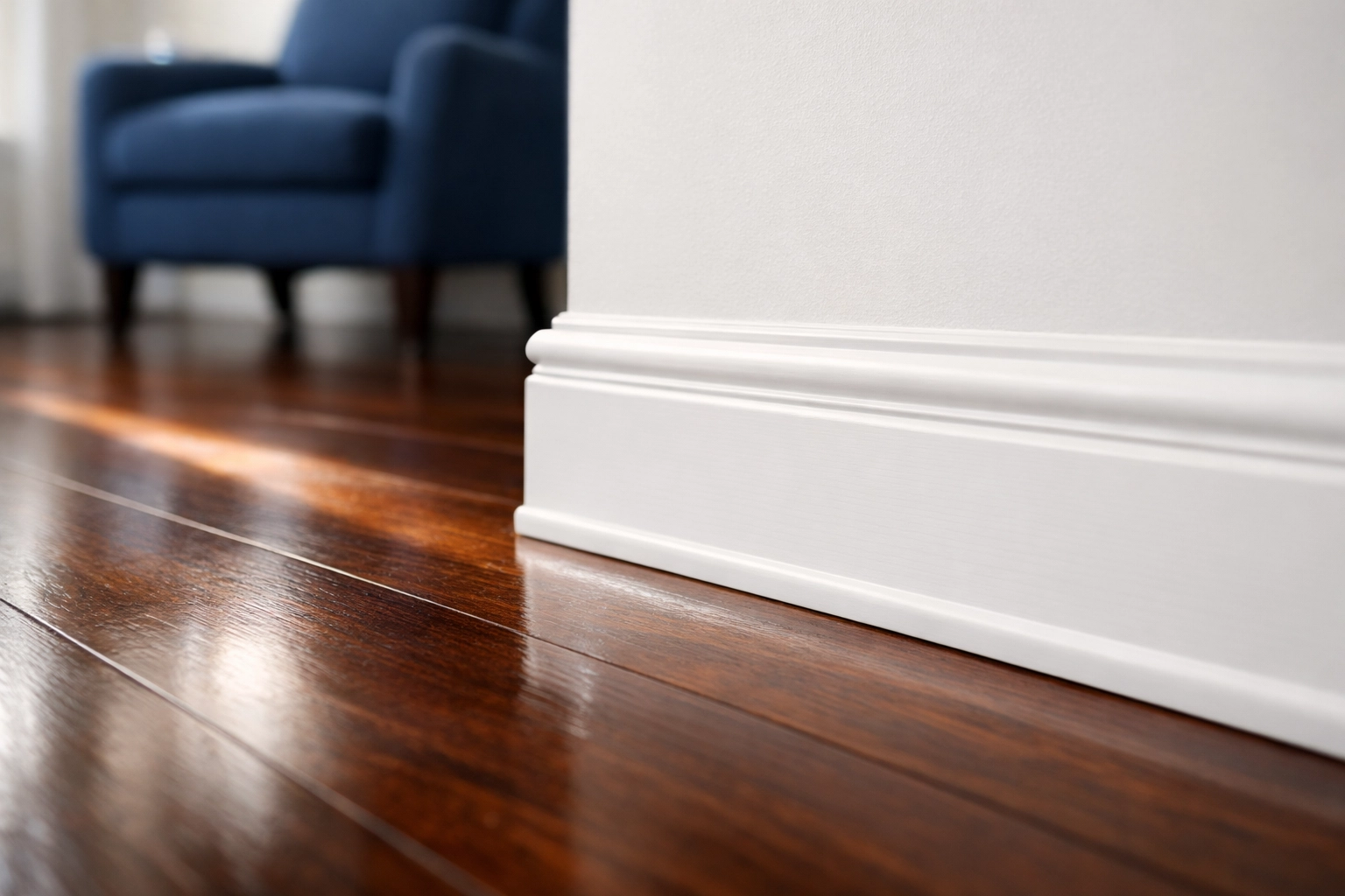 Clean white baseboards and polished wood floors in a luxury apartment after professional house cleaning Cambridge MA.