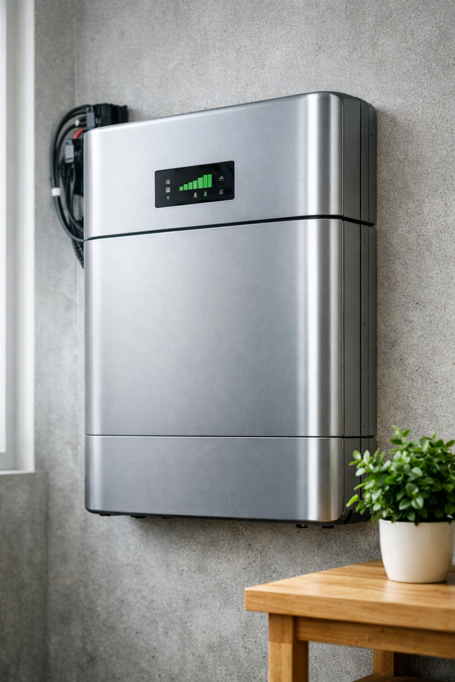 A sleek home battery storage system professionally installed on a minimalist wall for energy efficiency.