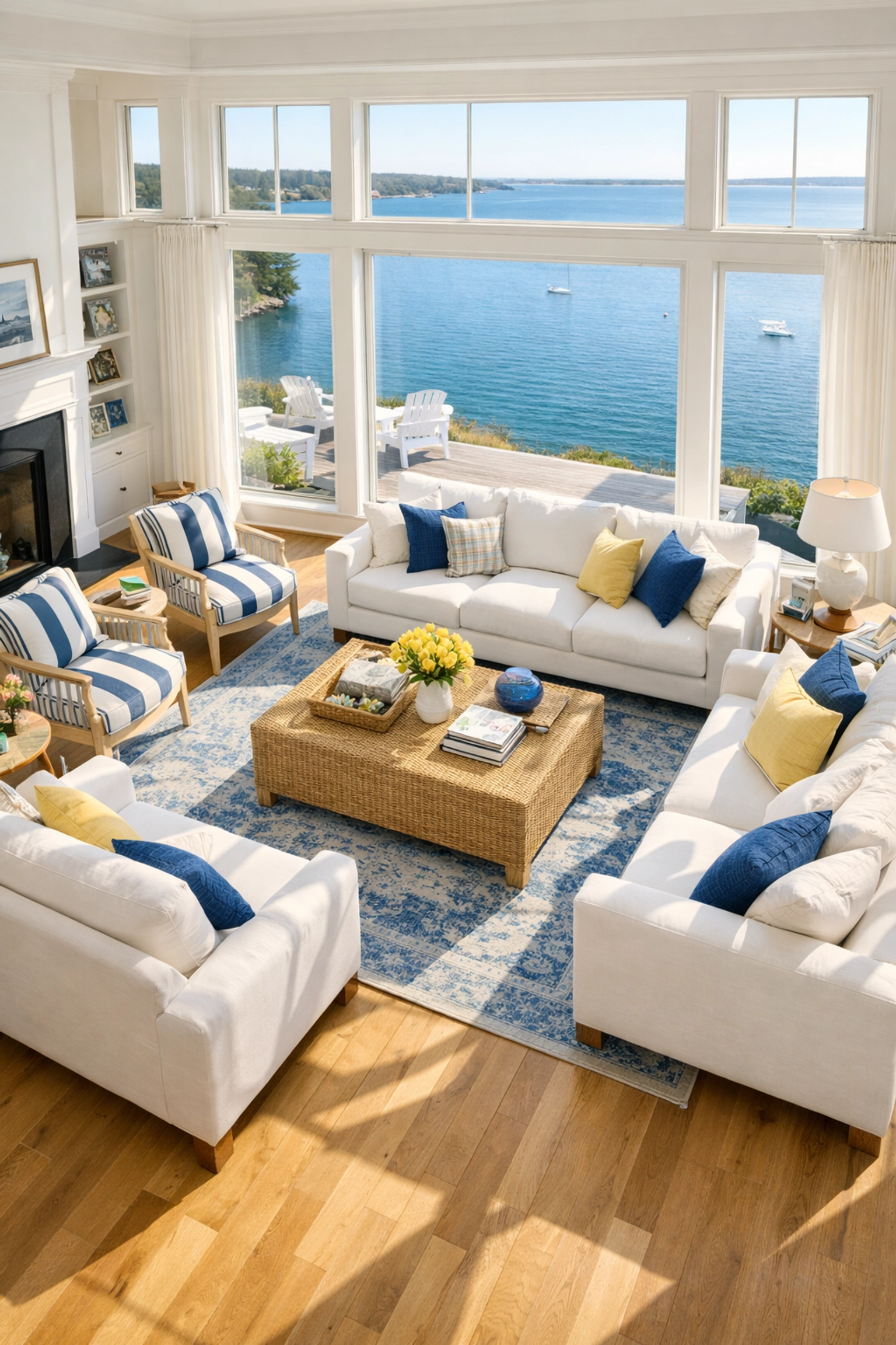 Impeccably clean coastal living room in a Duxbury MA home featuring white sofas and polished floors.
