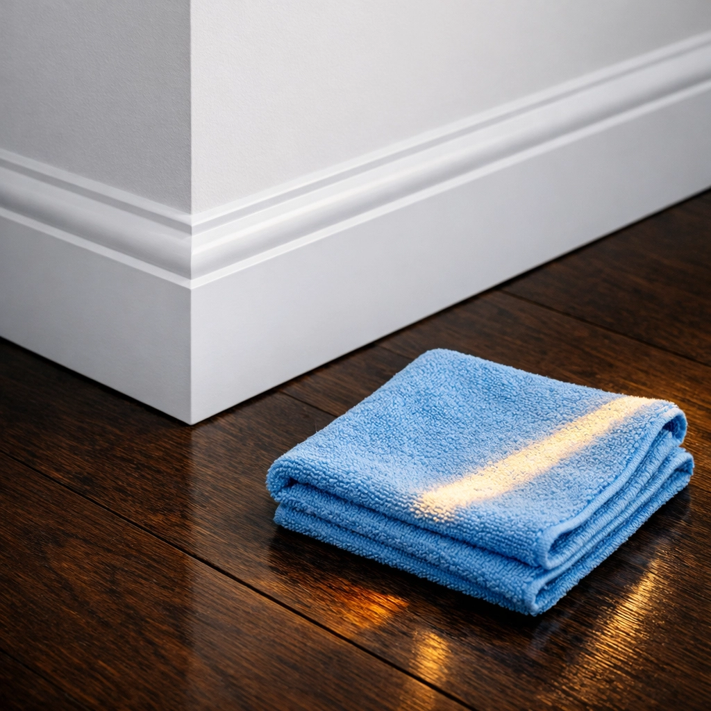 Detailed shot of clean white baseboards and polished wood floors showing expert Boston apartment cleaning quality.