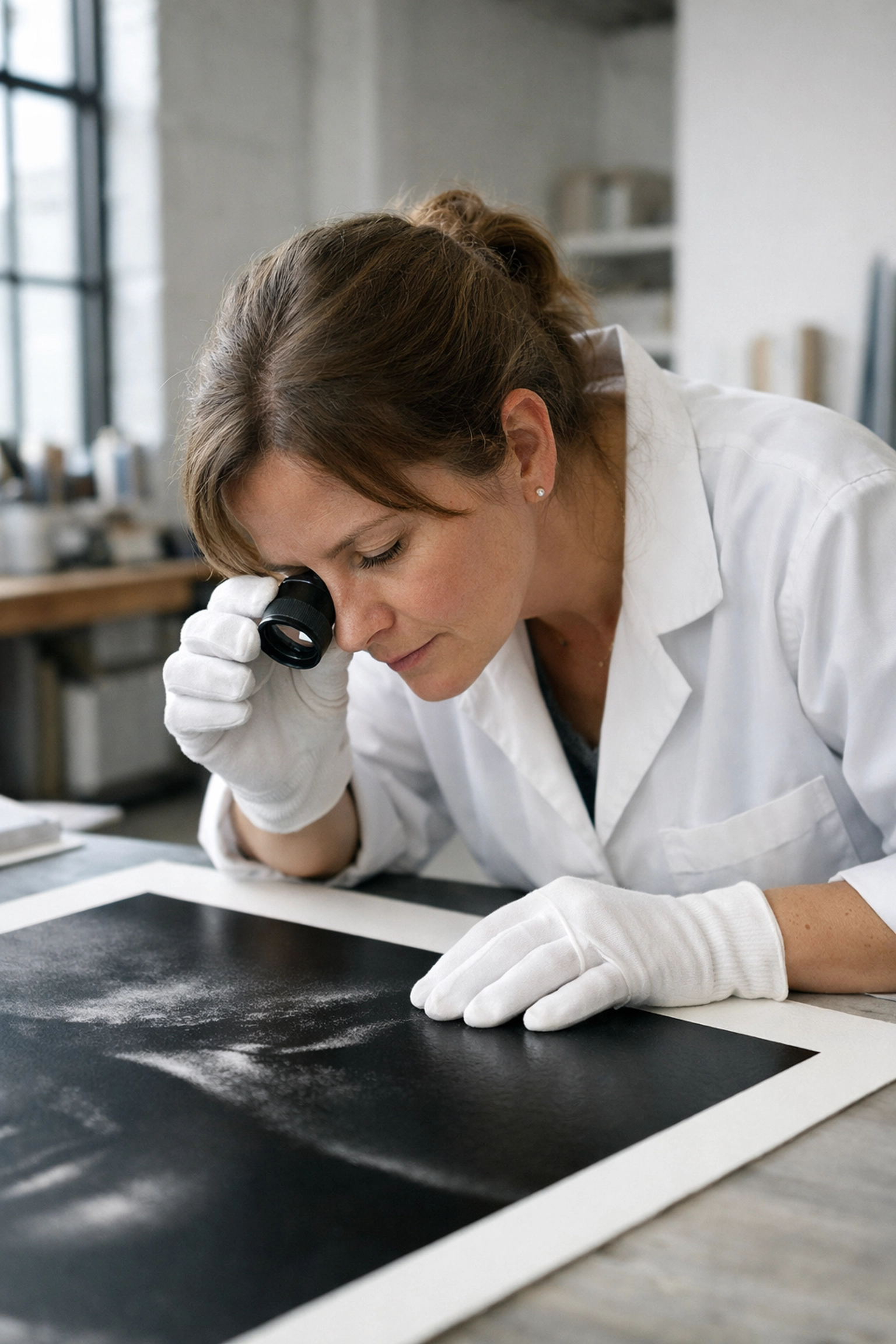 Art conservator in Miami inspecting a museum quality archival print using a loupe and archival gloves.