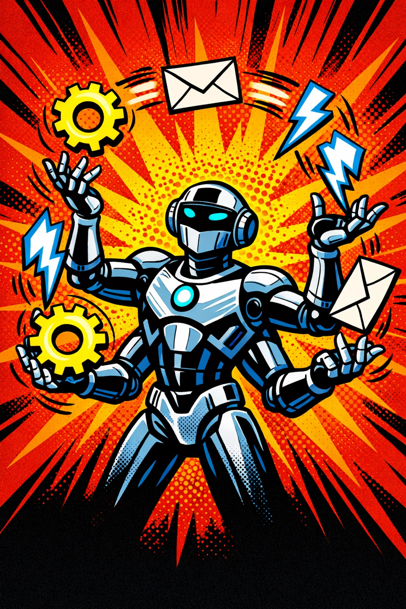 AI business automation robot juggling office tasks to improve business efficiency and scale.