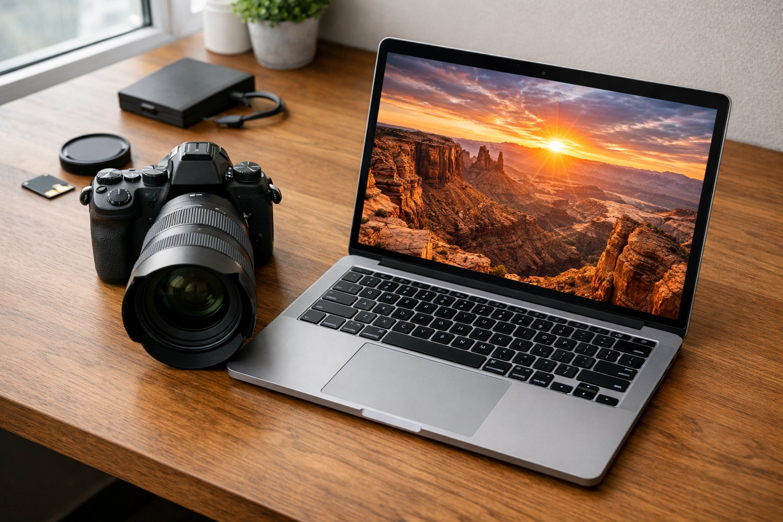 Photographer workstation showing a laptop with high-resolution images, highlighting portfolio speed.