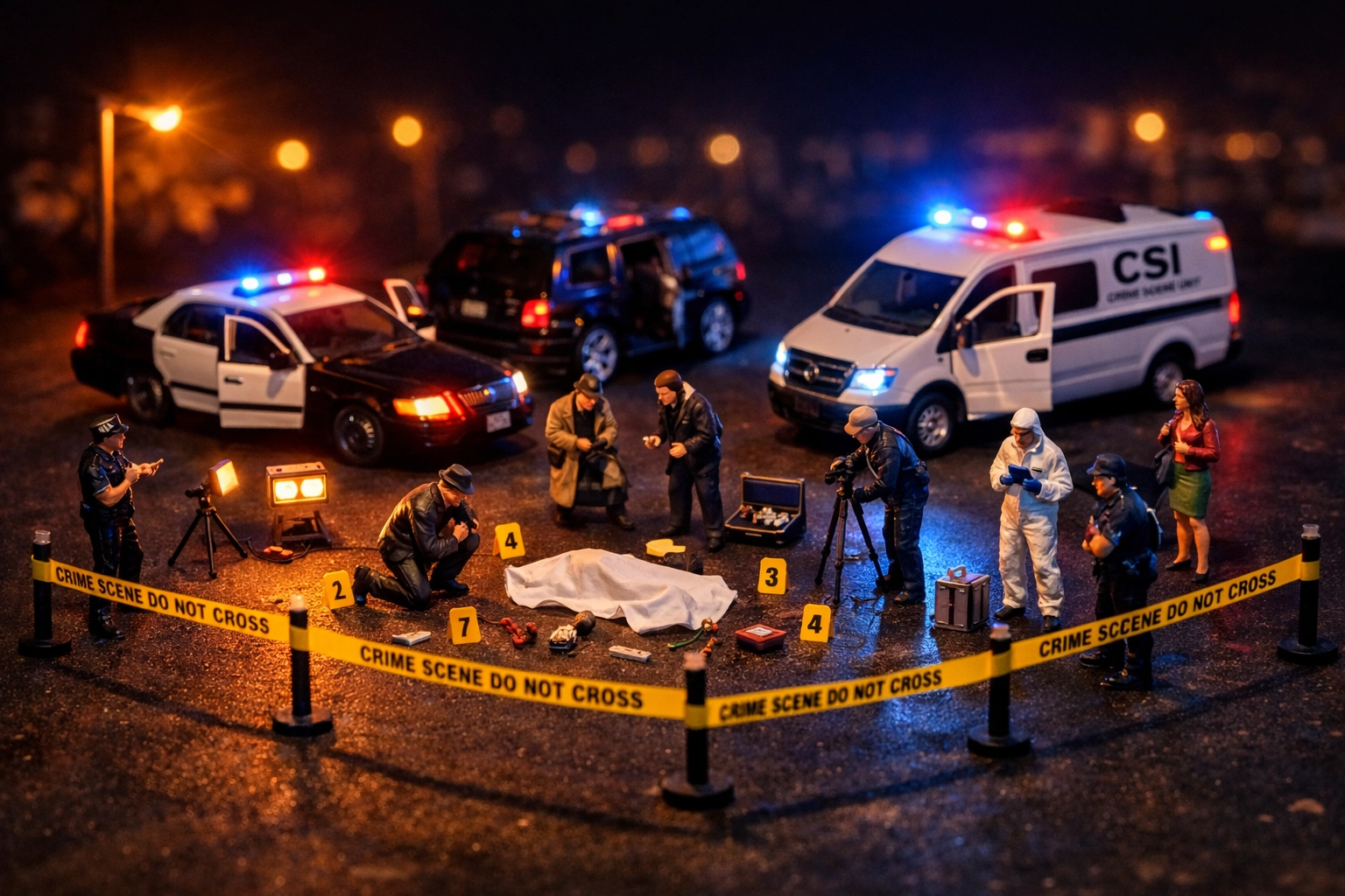 Detailed crime scene layout featuring police cars and 1:64 diorama figures from DoubleGDiecast.