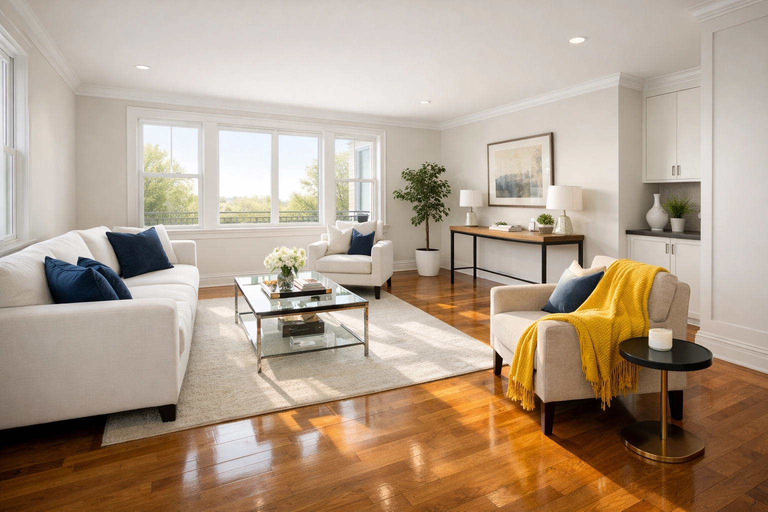 Spotless modern Lancaster apartment living room with polished hardwood floors and tidy furniture.