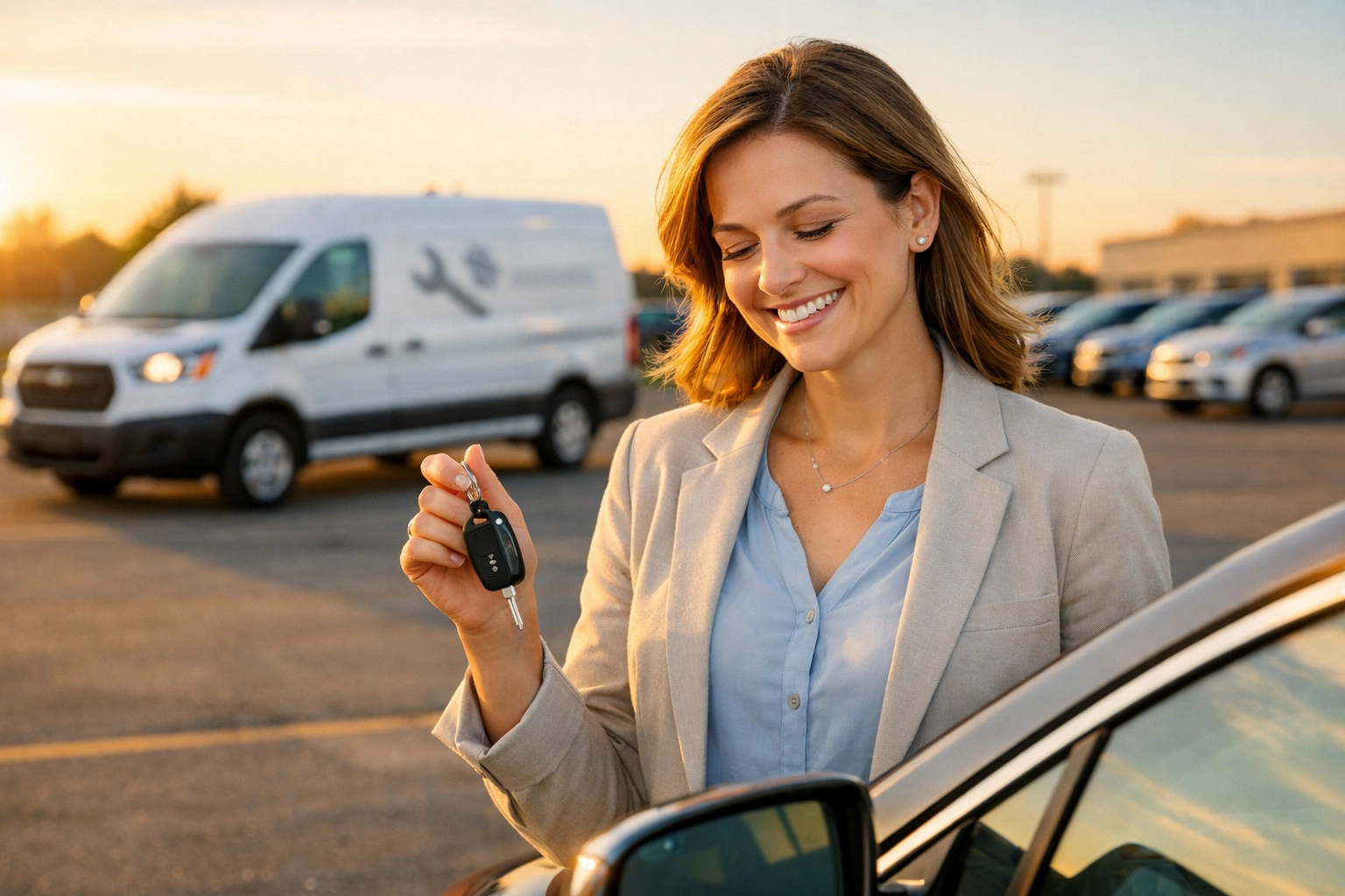 Happy employee in an office parking lot after a mobile car repair Green Bay service.