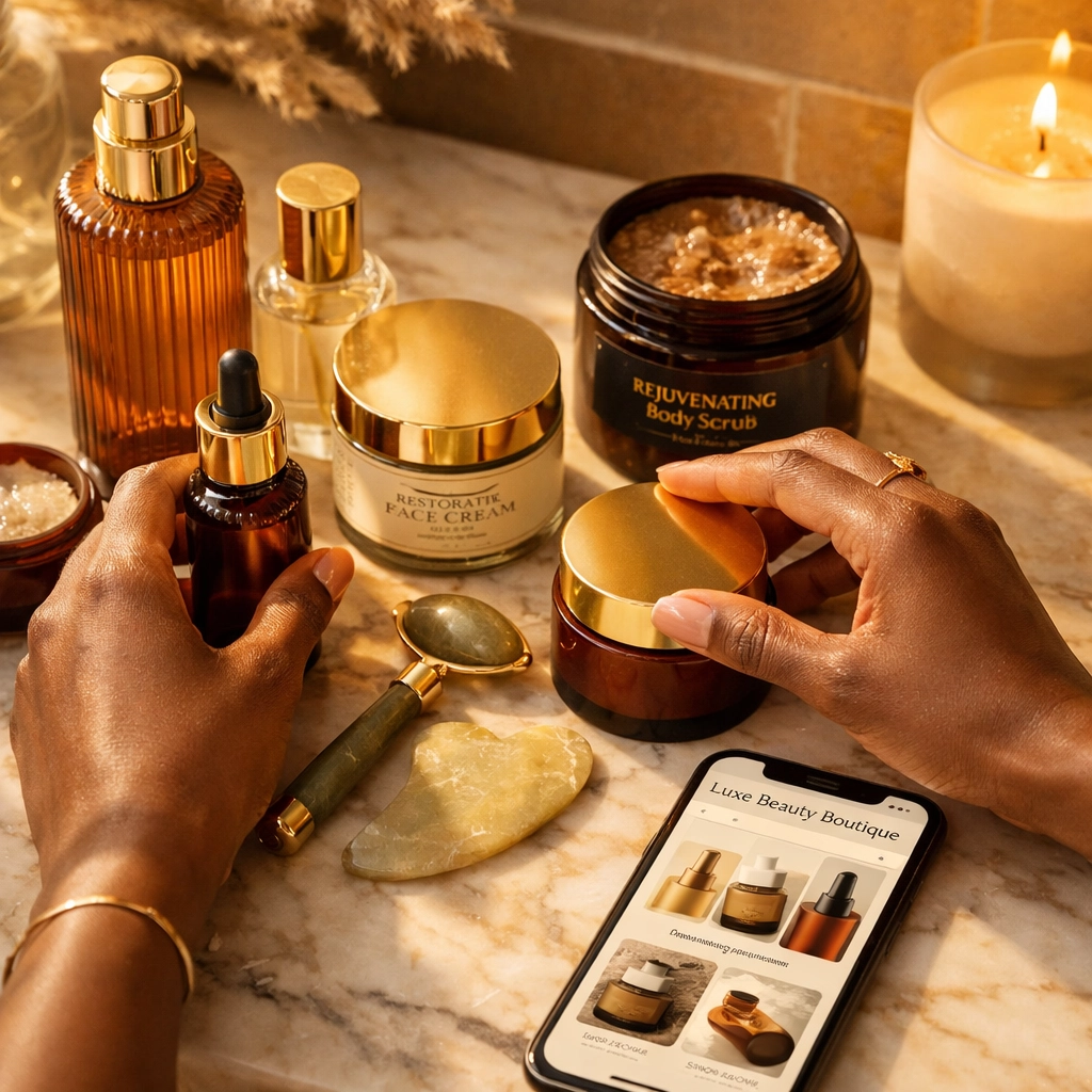 Black-owned beauty and wellness products displayed with smartphone showing BlackWallStreets marketplace