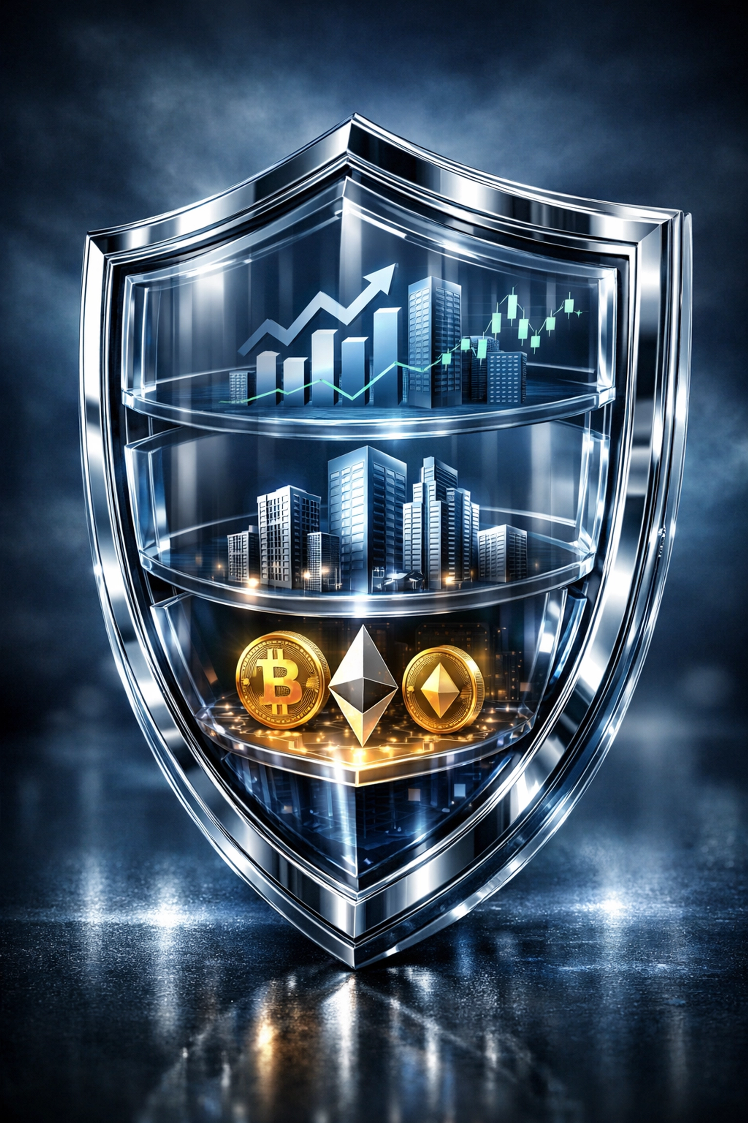 Multi-layered asset protection shield illustrating risk mitigation in investment management