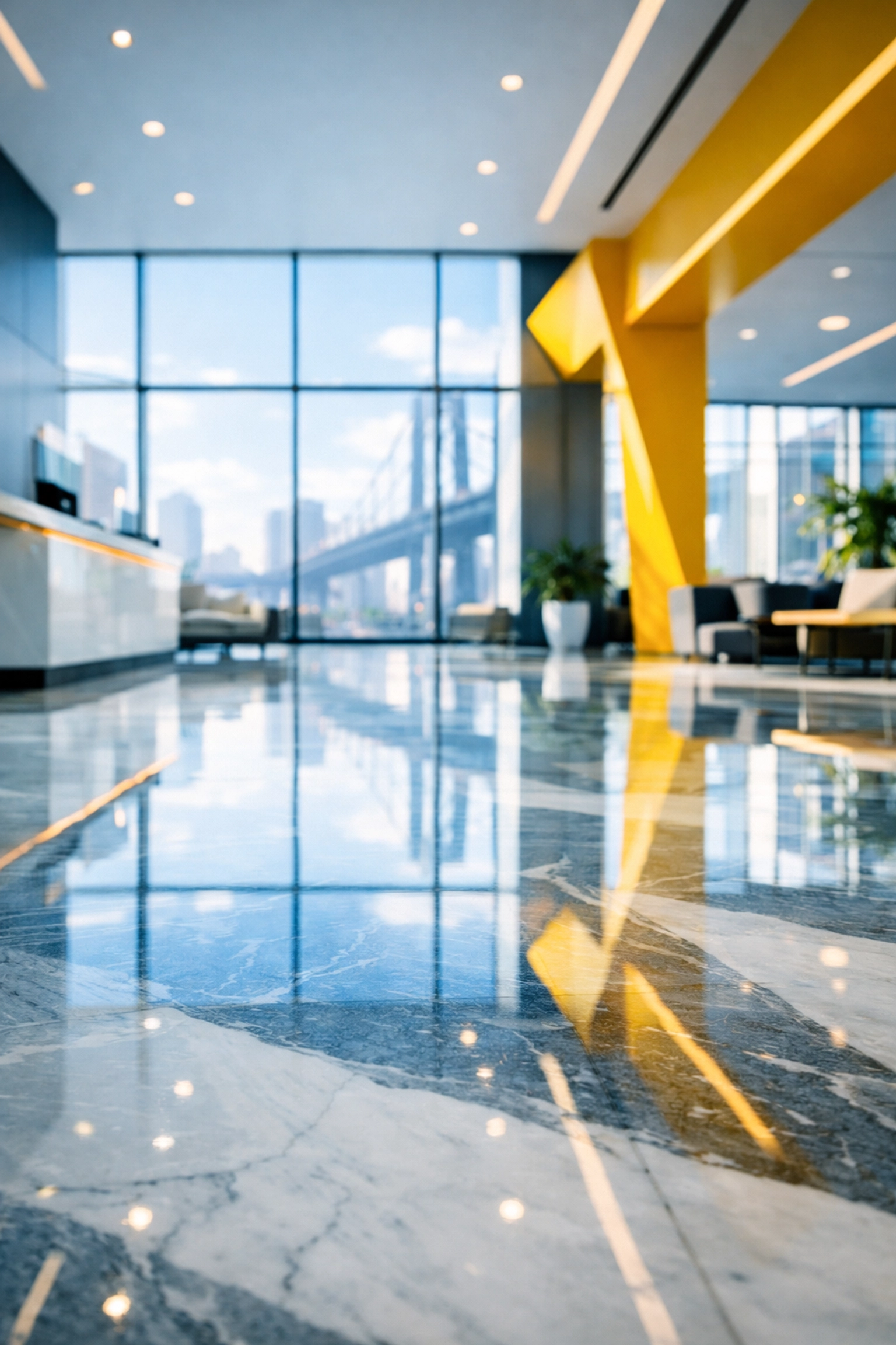 Polished marble floor in a professional Chelsea MA commercial lobby showing high-performance cleaning standards.