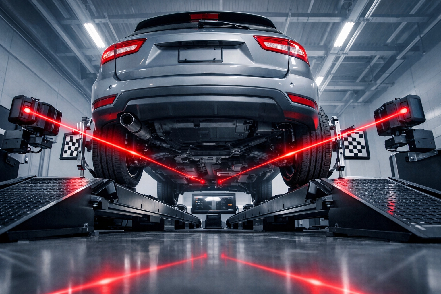 A car on a high-tech laser wheel alignment rack for precise suspension maintenance and safety.