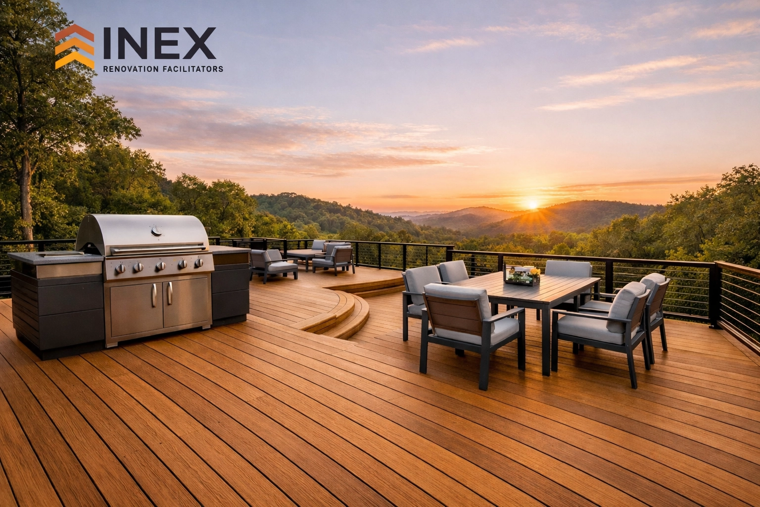 Spacious multi-level composite wood deck in a Nashville backyard featuring a grill and outdoor dining set.
