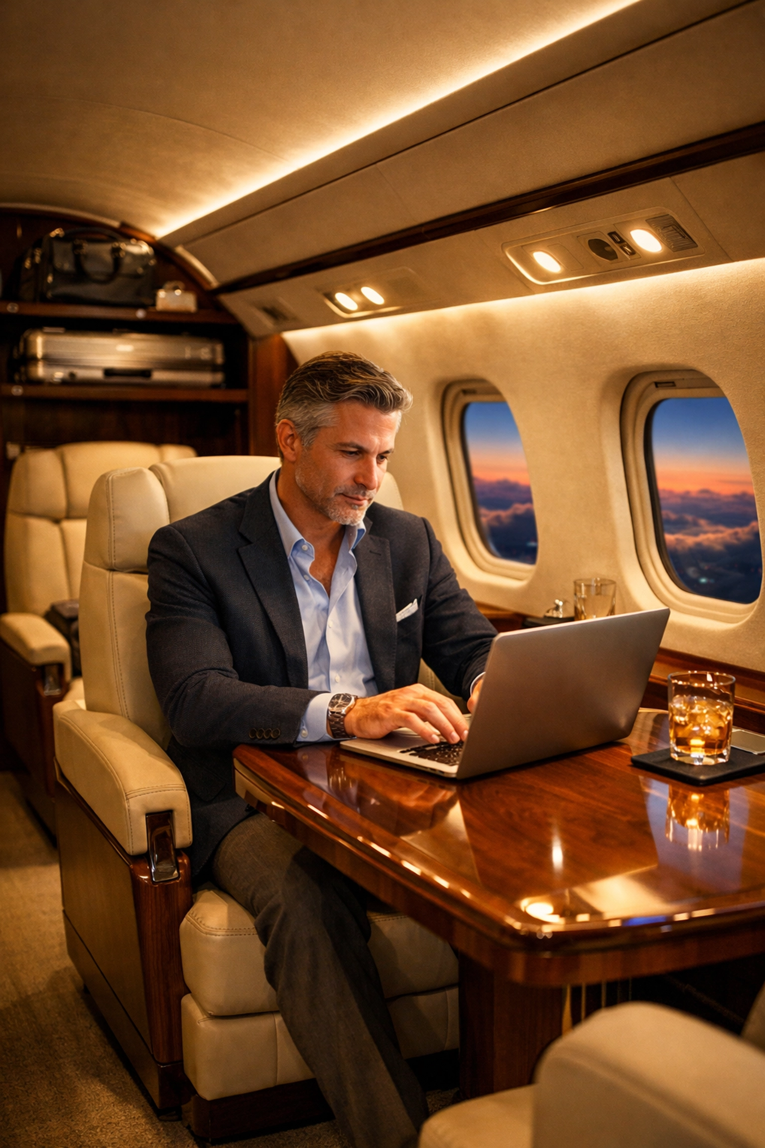 Super-midsize jet cabin interior with executive working during transcontinental flight