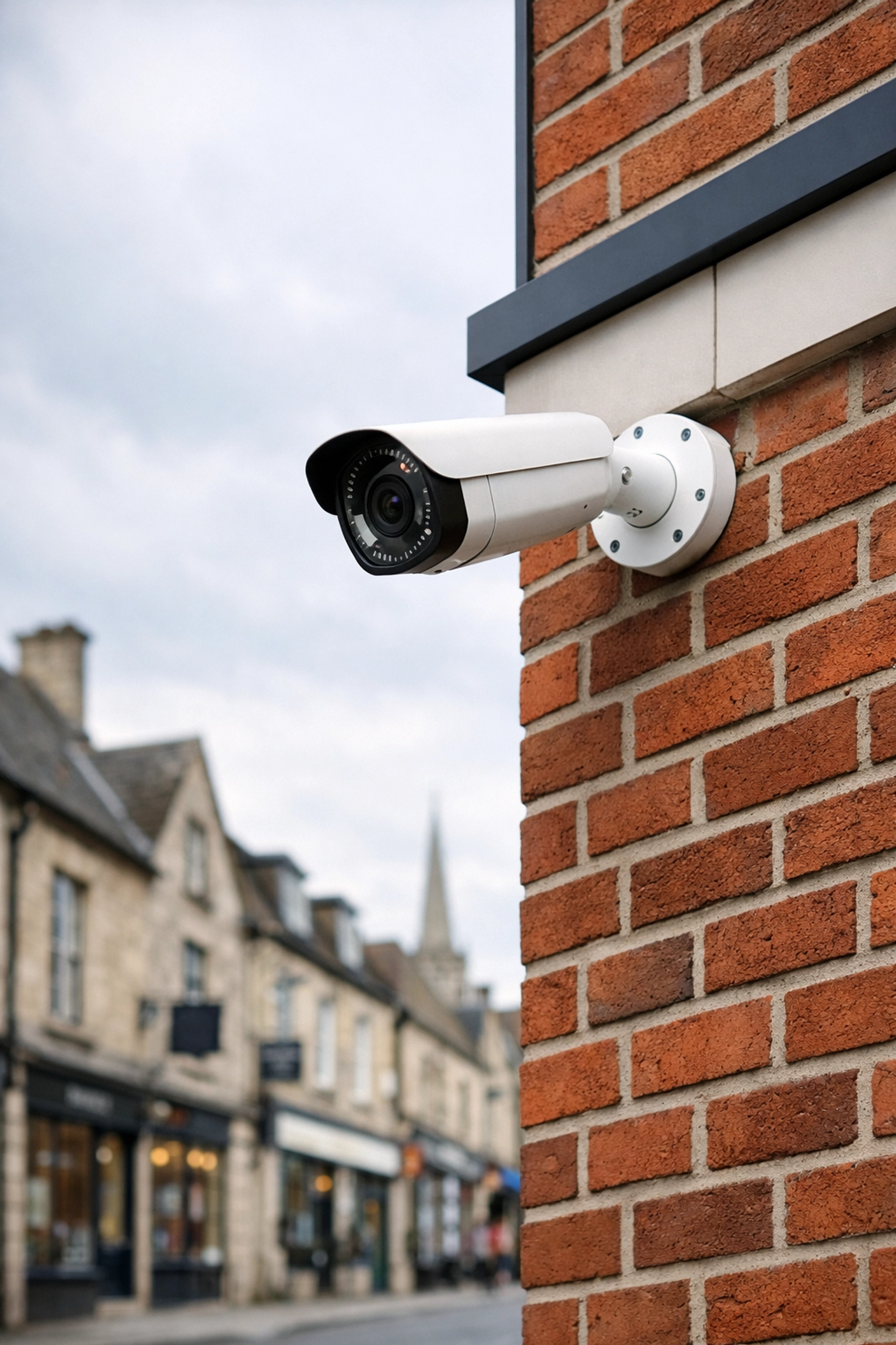 Modern bullet-style CCTV camera installed on a commercial property in Wiltshire for robust business security and deterrence.
