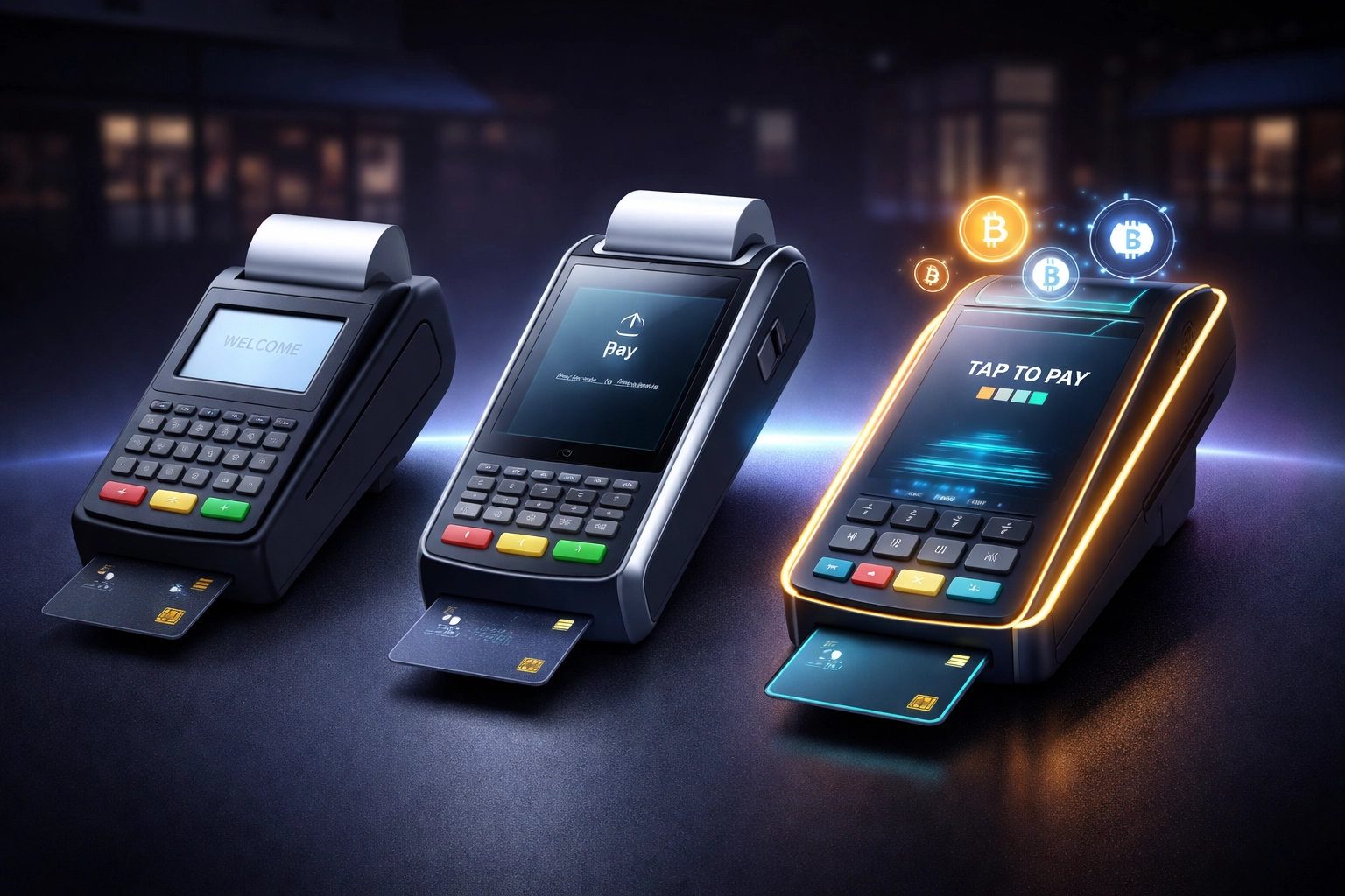 Comparison of three crypto payment terminals, illustrating Larecoin's advanced POS system for small business owners