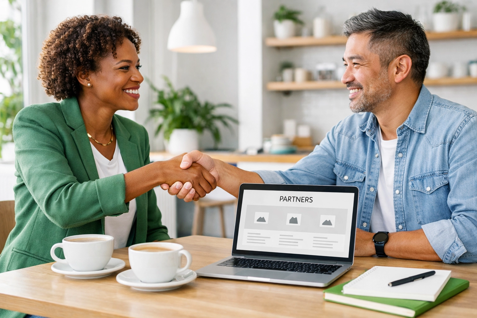 Two business owners shaking hands to create a trusted local partners recommendation network.