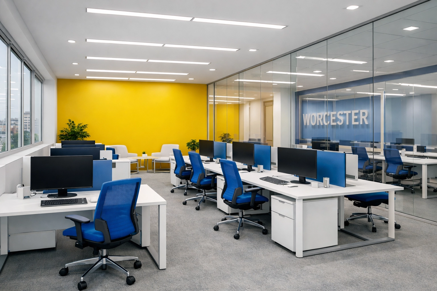 Sparkling clean modern office space in downtown Worcester showing professional office cleaning services.