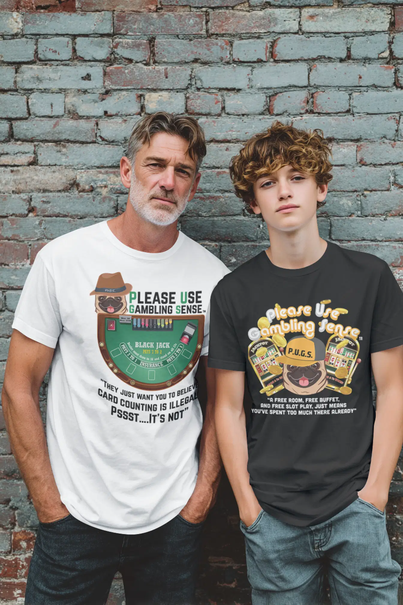 Two models in PUGS gambling humor tees against a brick wall