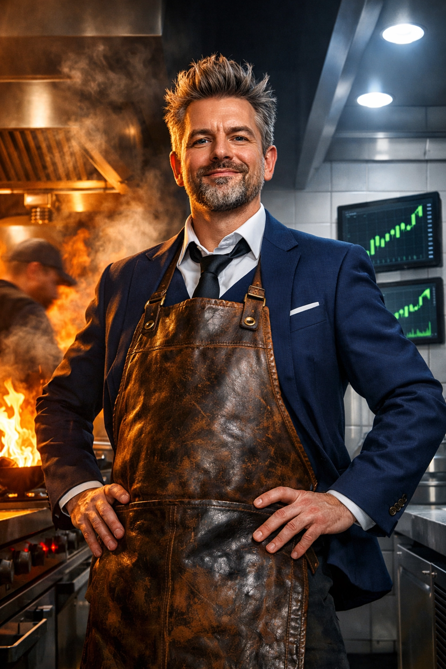 Restaurant leader in a kitchen balancing culinary arts with real-time financial tracking and business data.