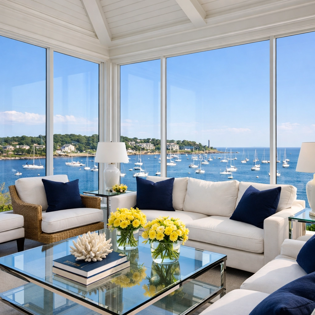 Spotless coastal sunroom in Marblehead Neck showing the results of expert luxury residential cleaning in Marblehead.