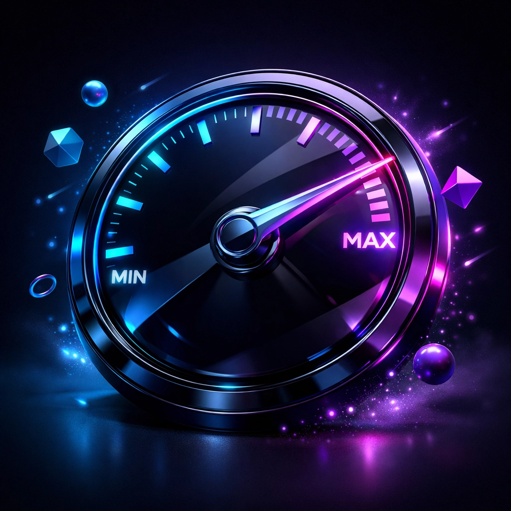 Website performance speedometer showing maximum speed and optimization