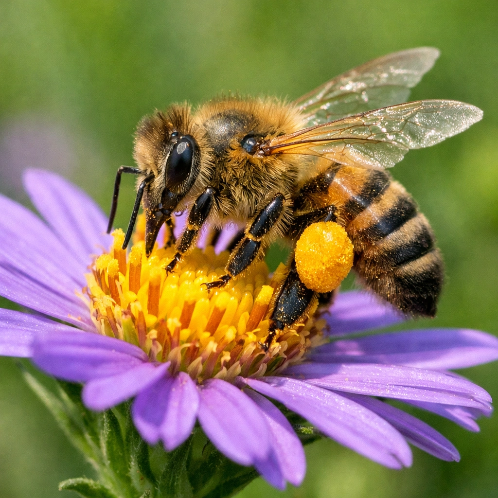 Honeybee collecting natural Moroccan bee pollen from wild flowers for health.