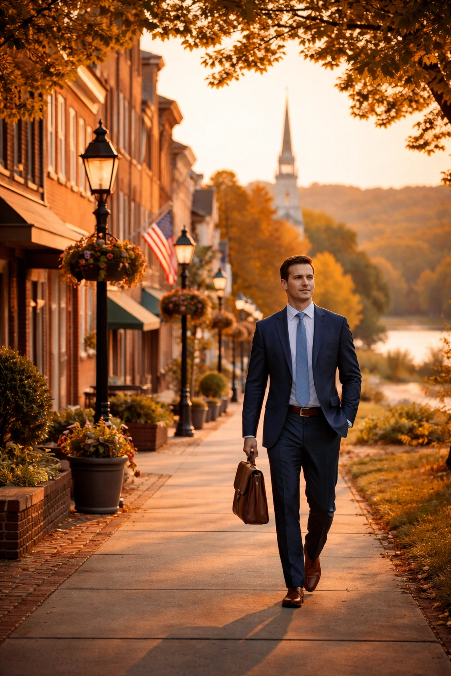 Downtown Fredericksburg professional walking at sunset, symbolizing security clearance and stability during divorce.