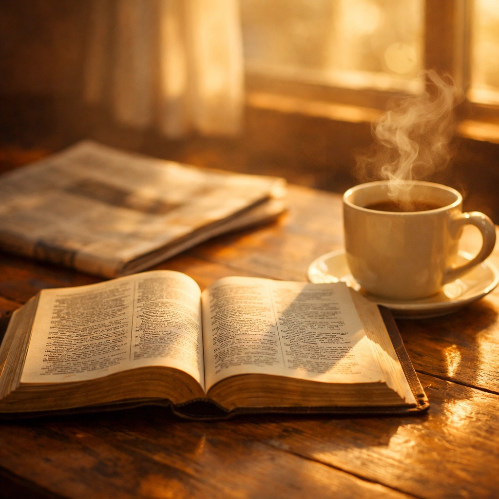 Open Bible with coffee cup on breakfast table with morning newspaper symbolizing faith-based news