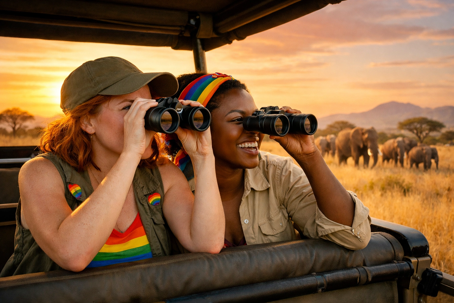 An interracial lesbian couple on a safari in South Africa, exploring high-adventure LGBTQ+ welcoming spots.