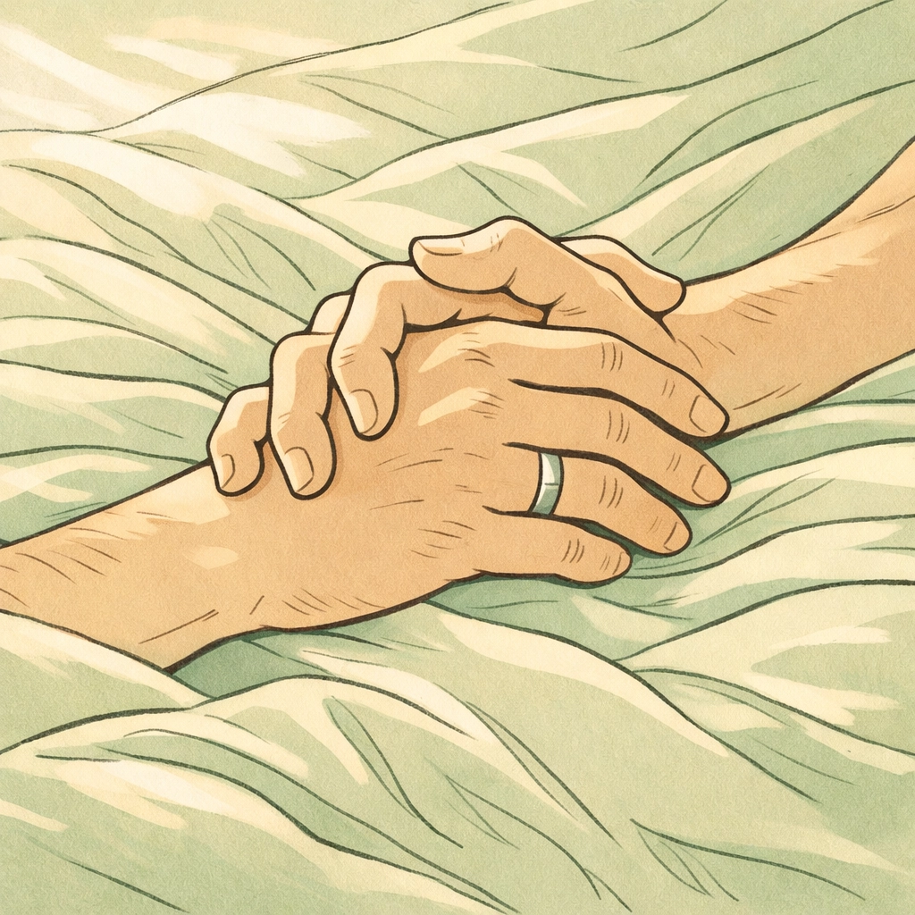 Intertwined hands of MM couple on bed sheets representing intimacy and commitment in gay romance