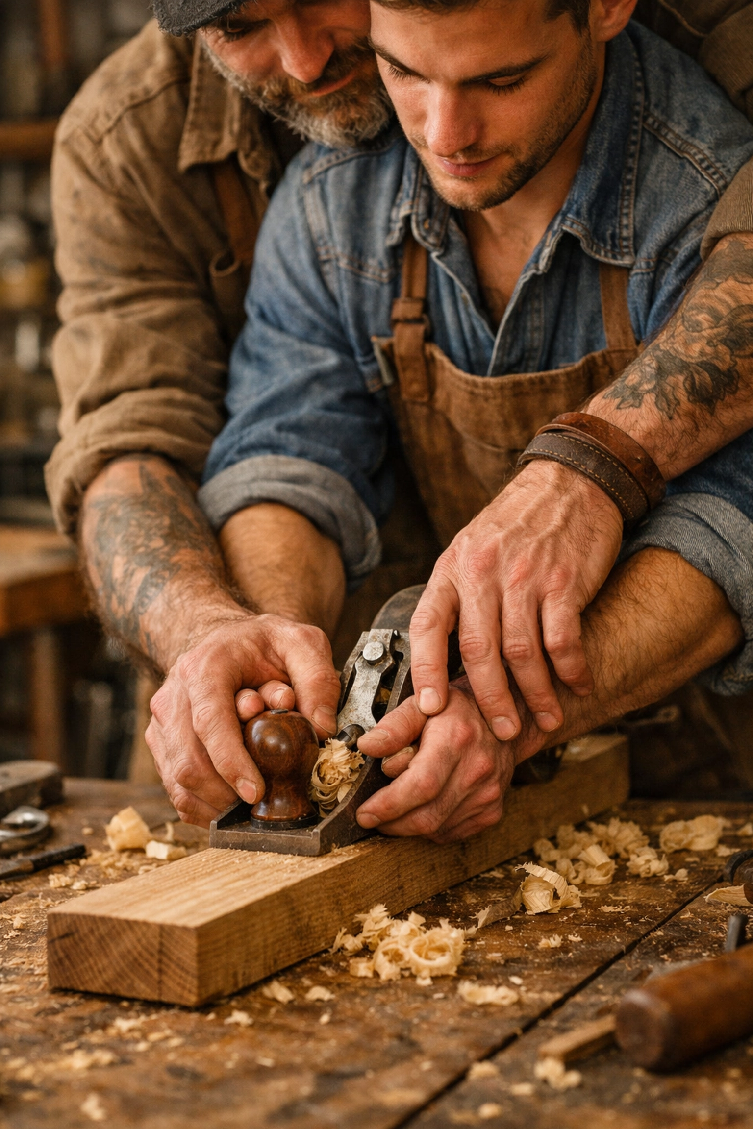 A gay handyman mentor guiding his partner’s hands during a woodworking project in a rustic shop.