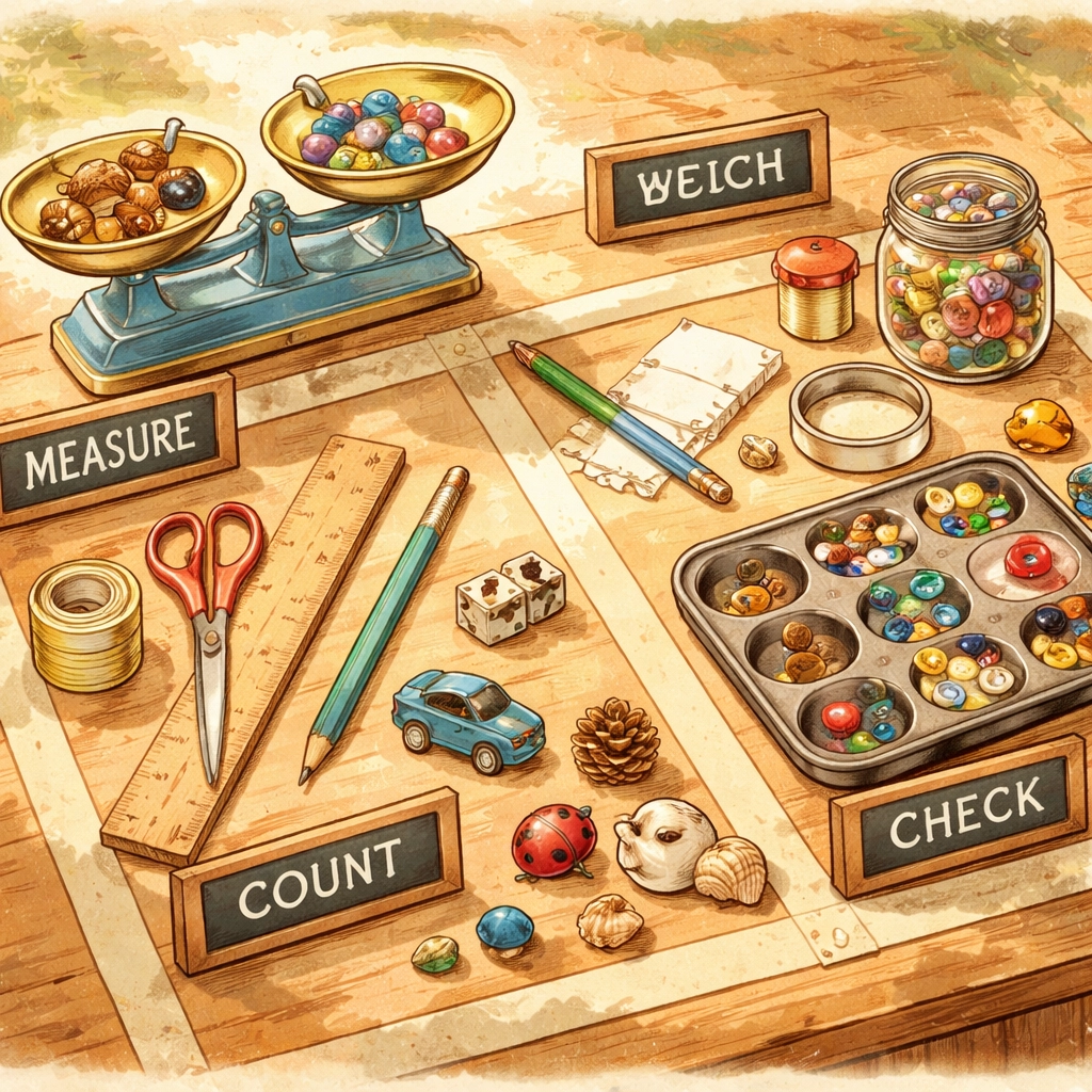 Bird's-eye view of an organized kids' measuring station with divided zones for weighing, measuring, and exploring objects