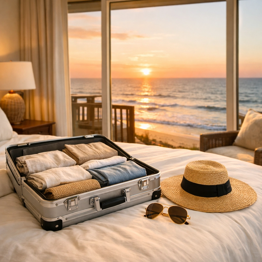Packed suitcase and beach gear on a luxury bed in a Galveston vacation rental overlooking the Gulf.