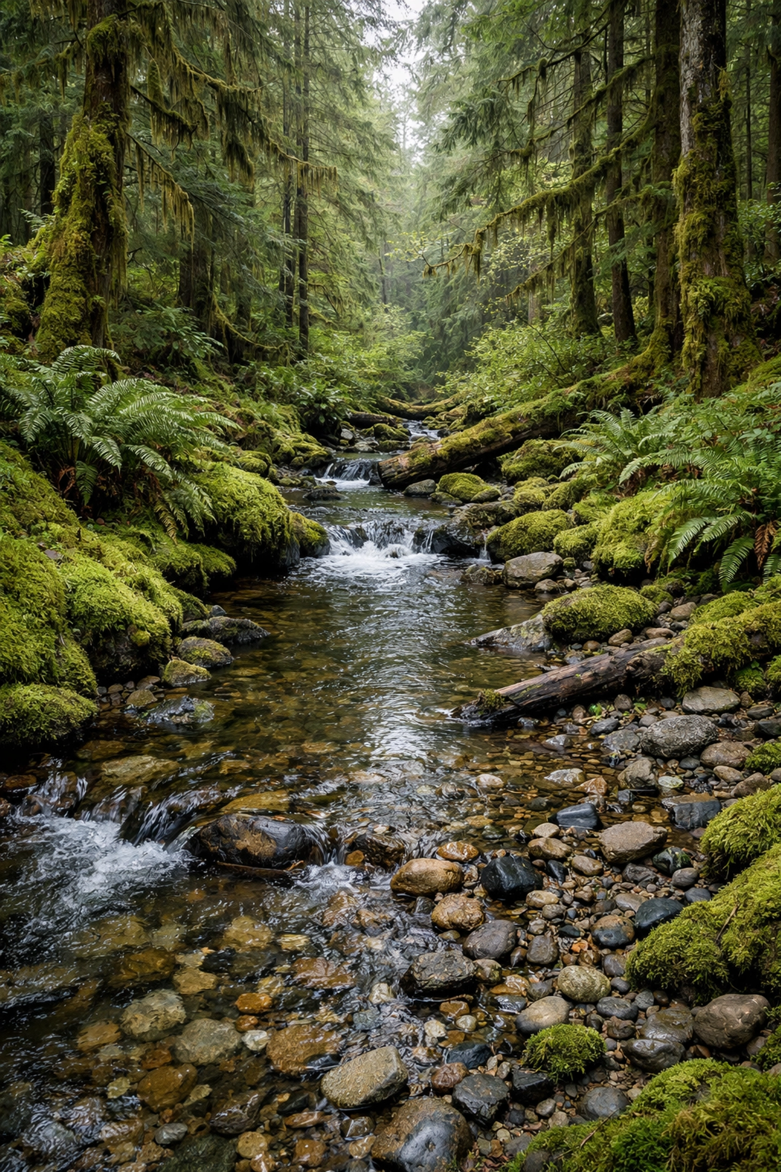 Natural forest stream with balanced colors to avoid over-processed landscape photography mistakes.