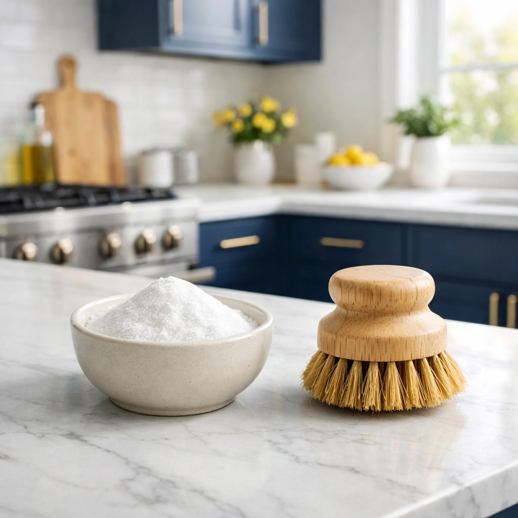 Baking soda and scrub brush on a white marble kitchen counter for a non-toxic, fresher home.