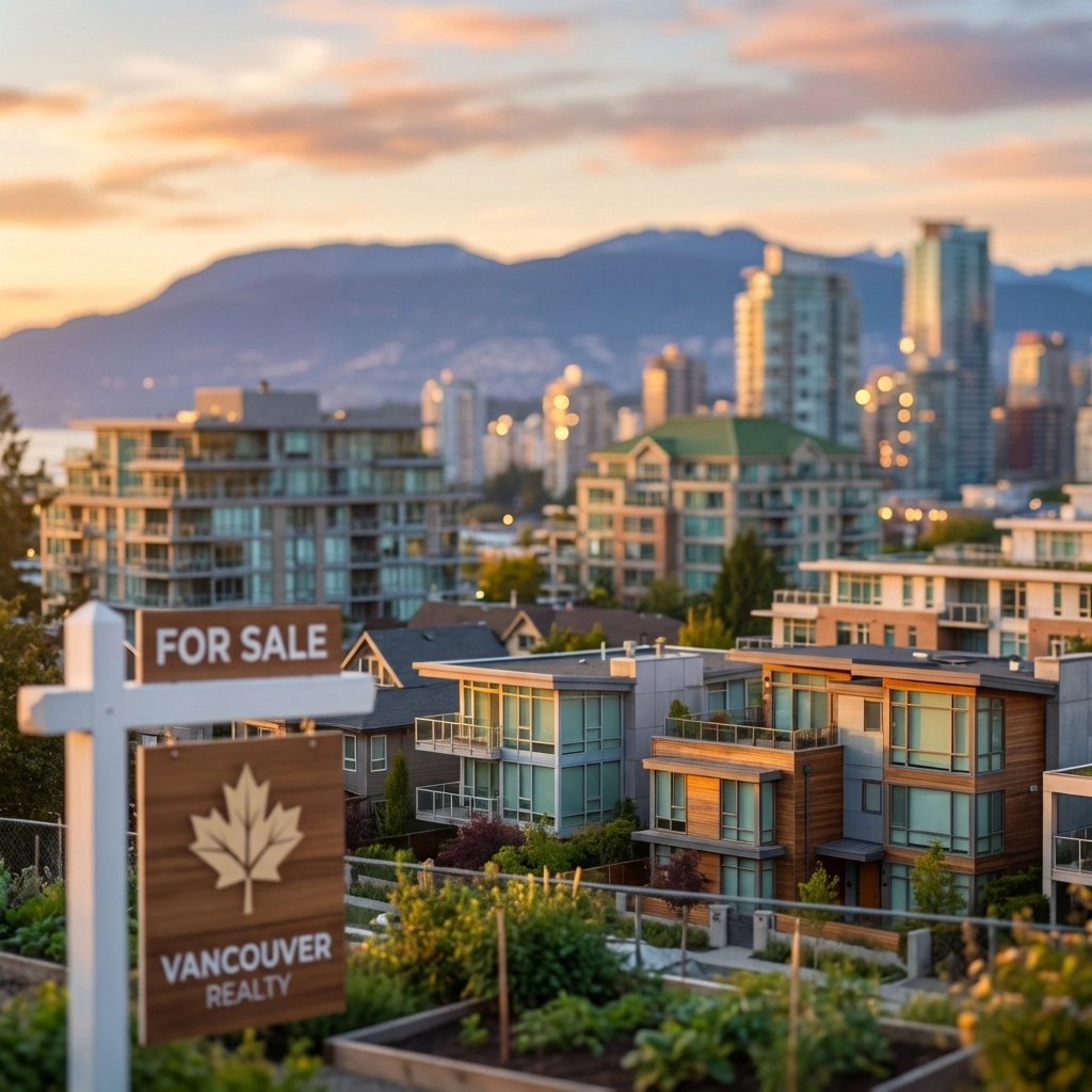Vancouver residential homes and condos with for sale sign at sunset, illustrating a competitive real estate market.