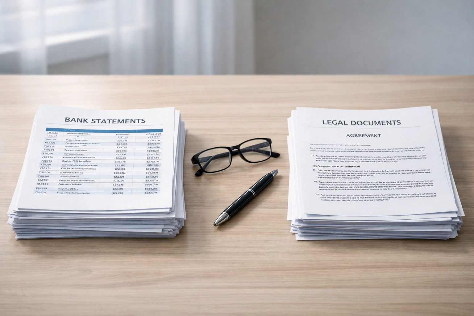 Bank statements and legal documents organized for divorce preparation